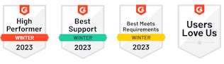 G2 badges for High performer, best support, best meets requirements. 