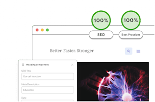 Composite of a website, a component editing panel, and perfect lighthouse scores