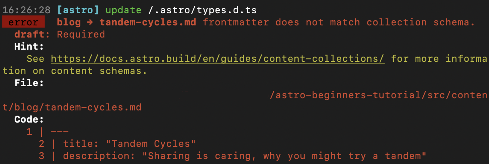Astro content collections terminal validation error