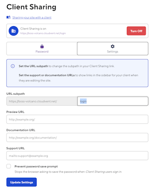 Screenshot (detail) of Client Sharing pane within the CloudCannon interface.