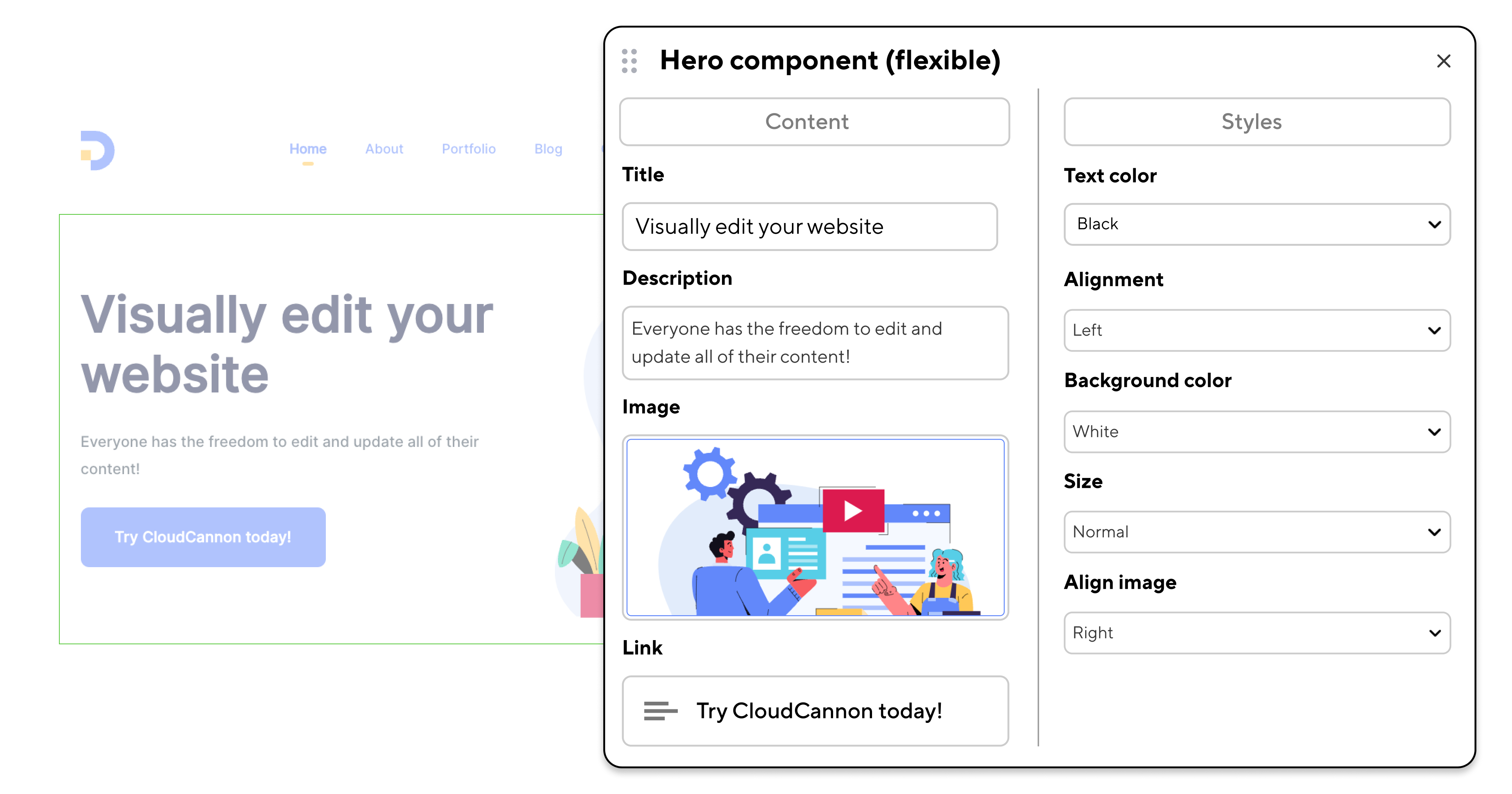 Screenshot of a 'flexible' (content and style) page-building component