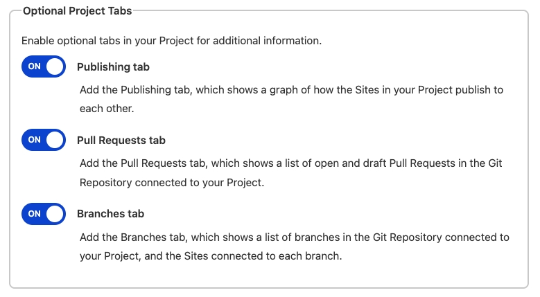 Screenshot showing optional tabs in CloudCannon Projects