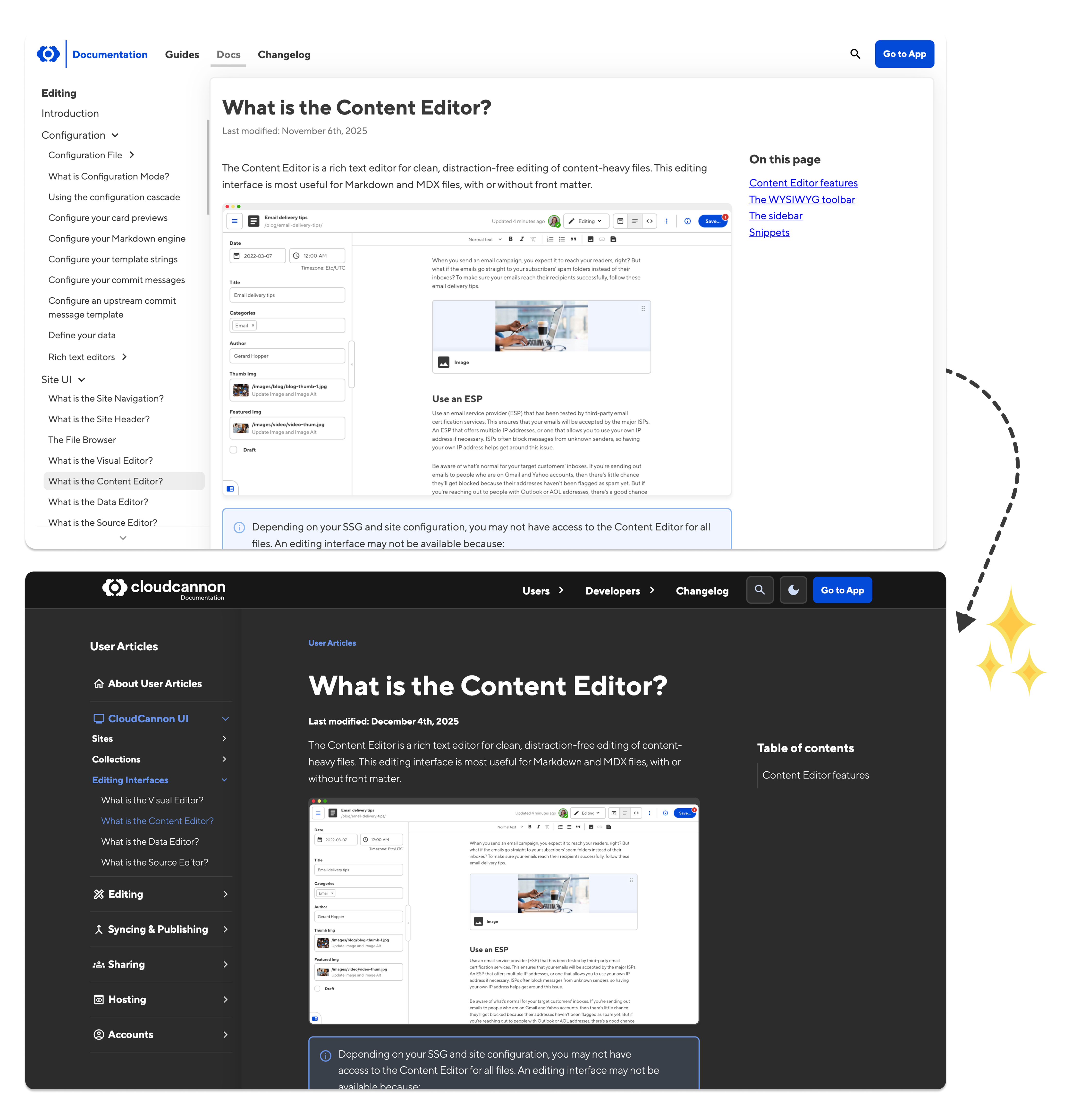 Comparison of CloudCannon's old and new documentation sites