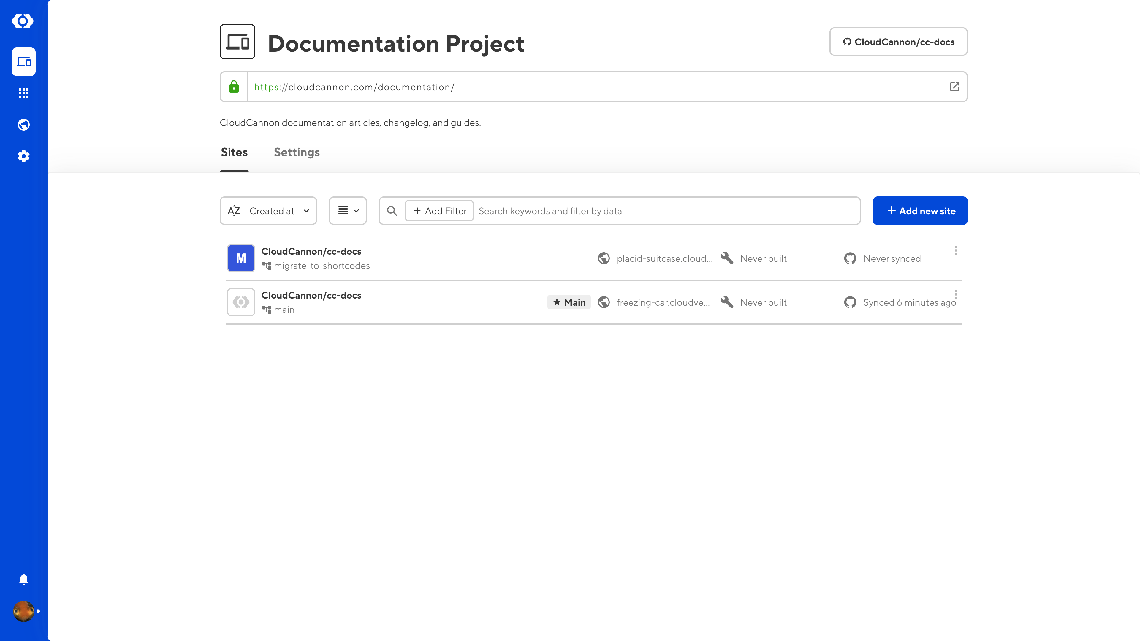 A screenshot of the CloudCannon app shows the Documentation Project page with a list of branch sites under the Sites tab.