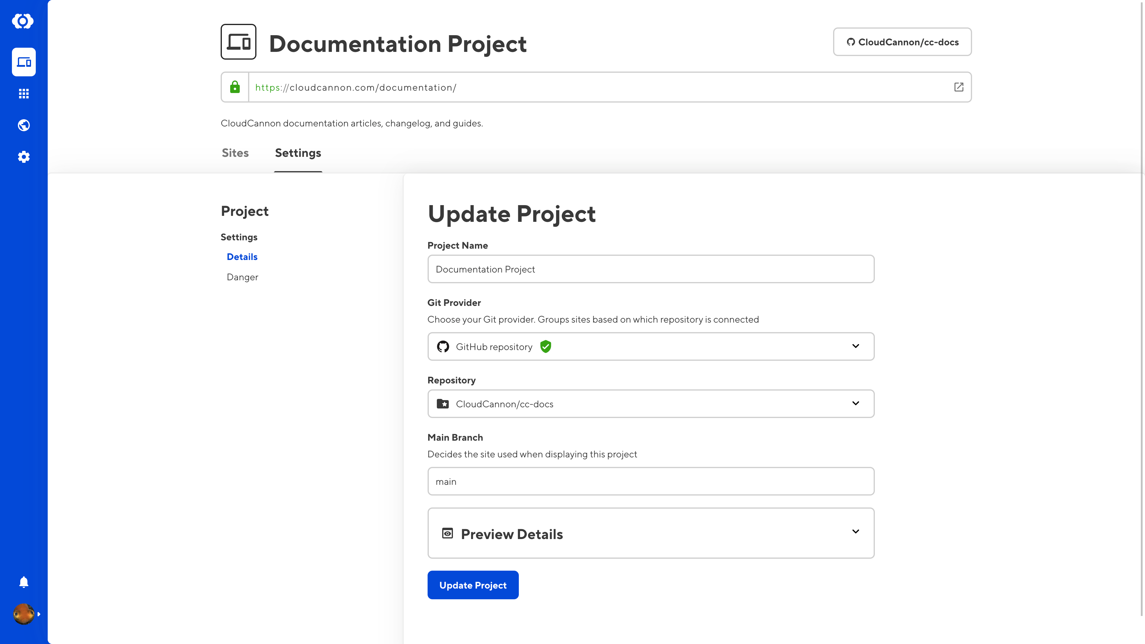 A screenshot of the CloudCannon app shows the Documentation Project page with a list of project details under the Settings tab.