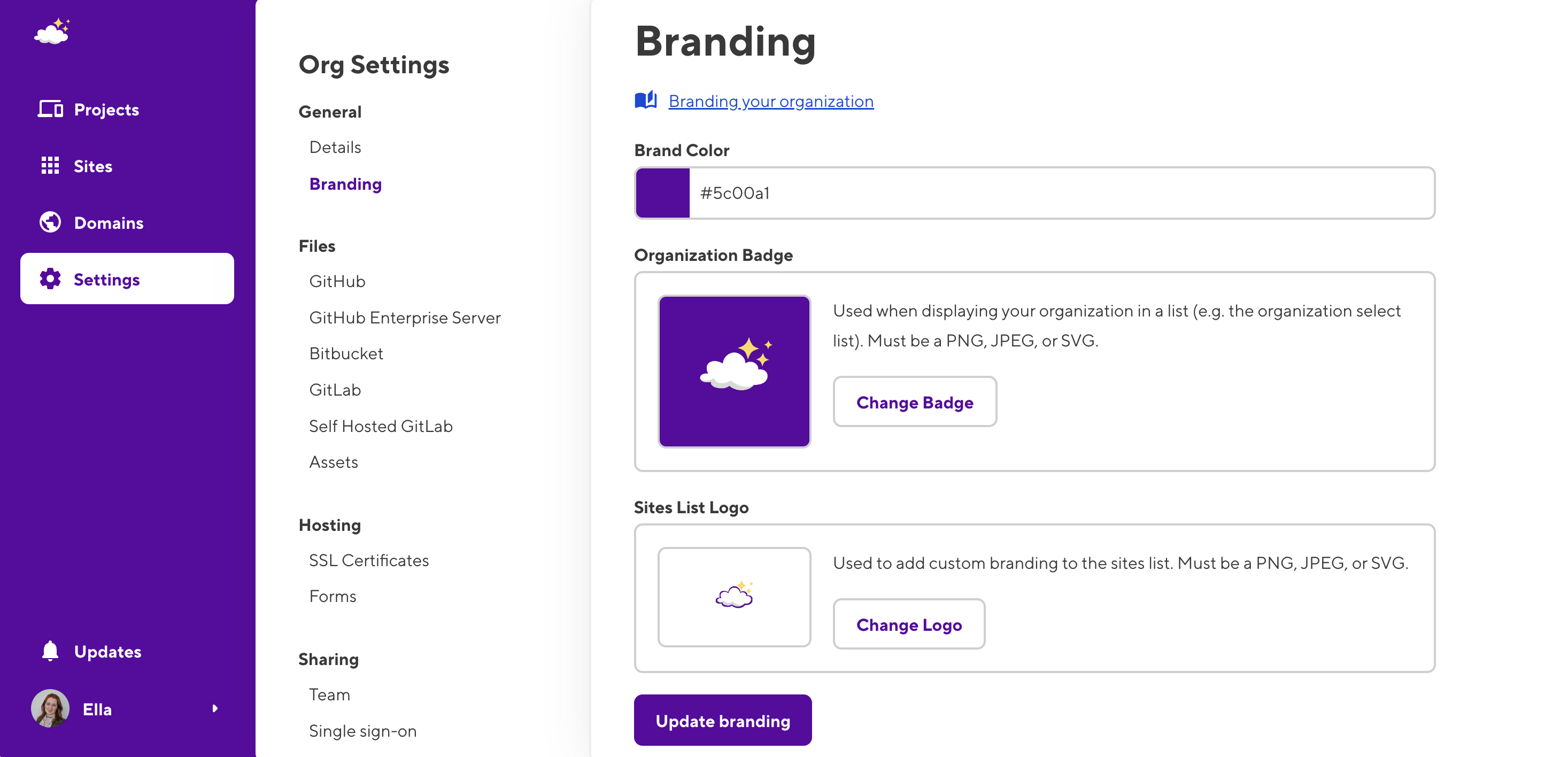 A screenshot of the CloudCannon app shows the Organization Branding page with a custom color and logo set.