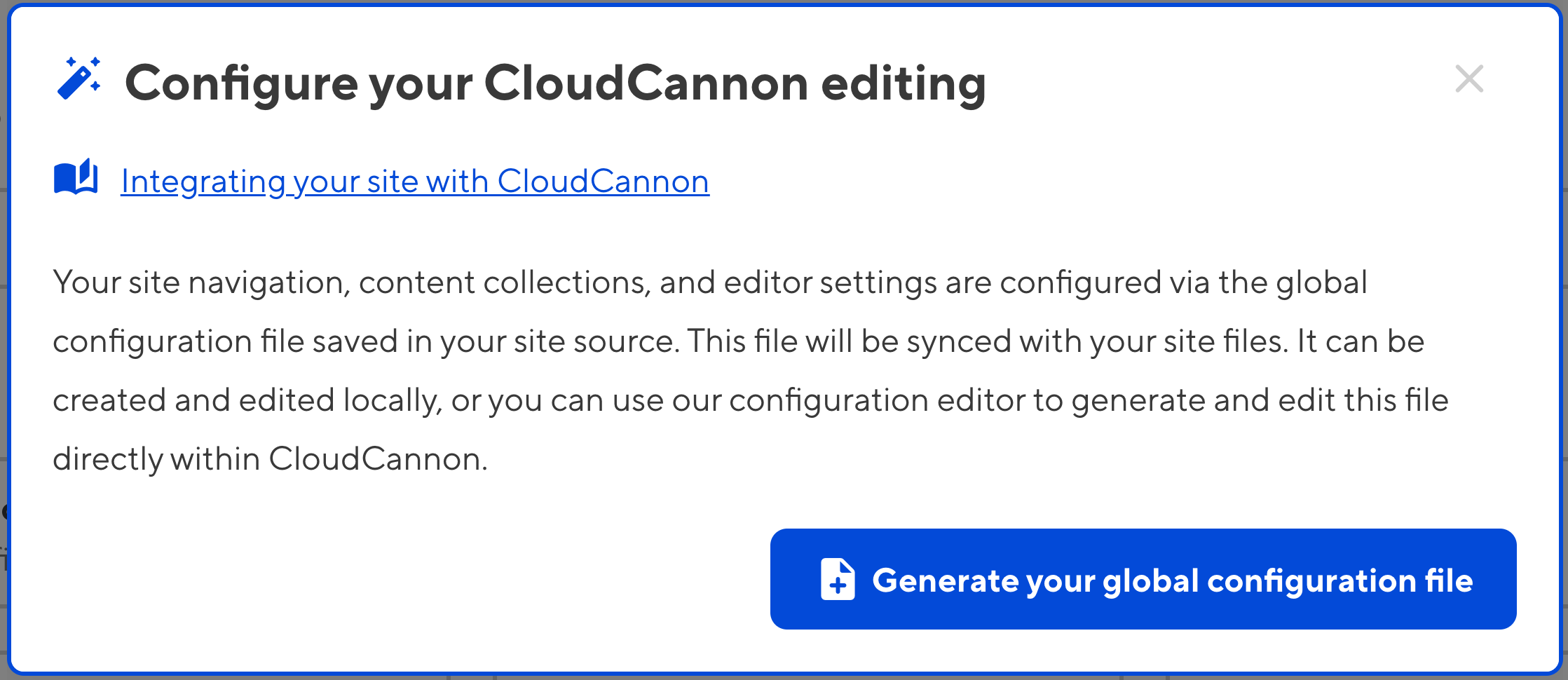 The CloudCannon app pop-up explains how a configuration file is used and shows a button to Generate your global configuration file.