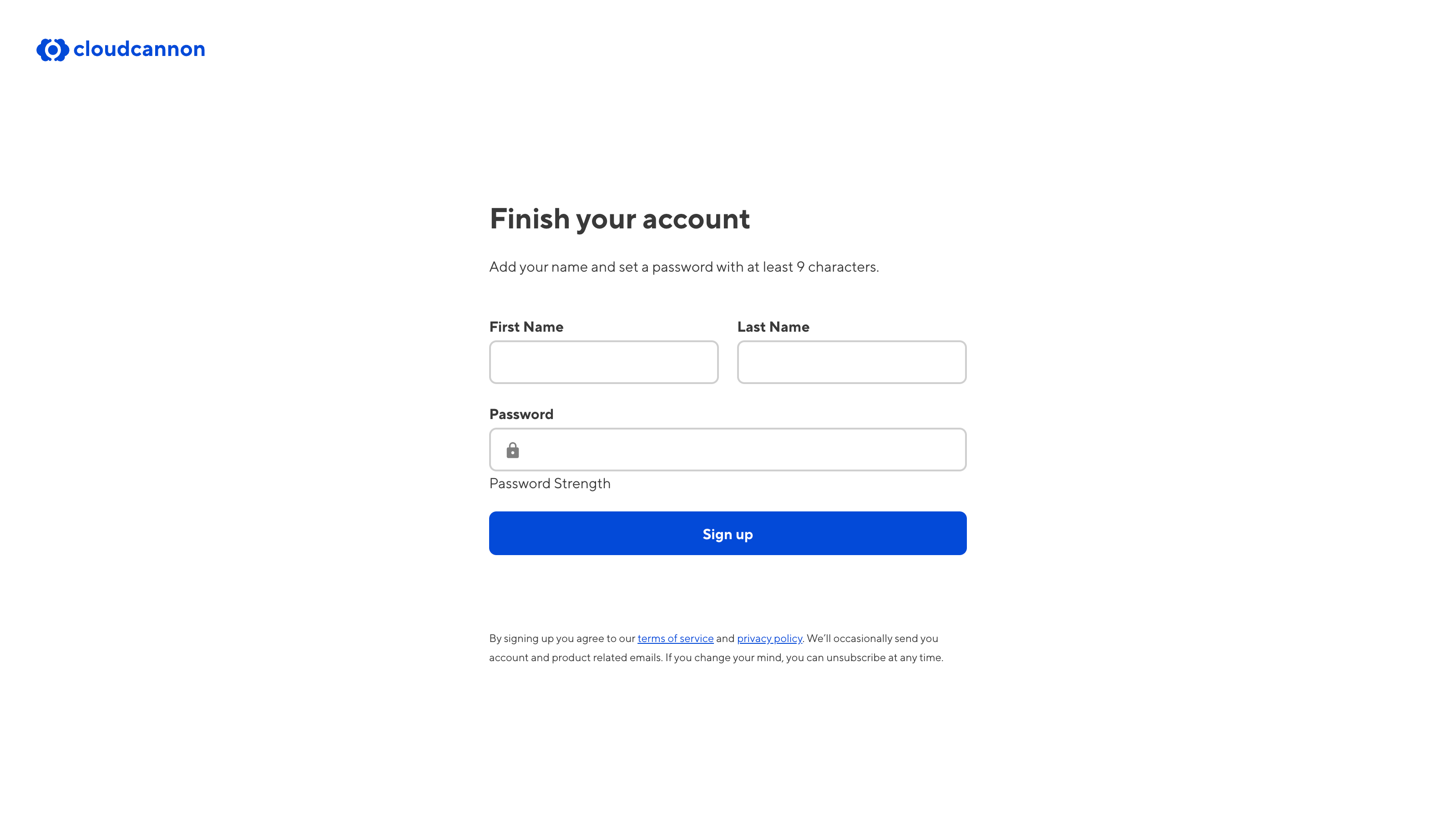 A screenshot of the Signup page shows fields for the first and last name and password you want to associate with your CloudCannon account.