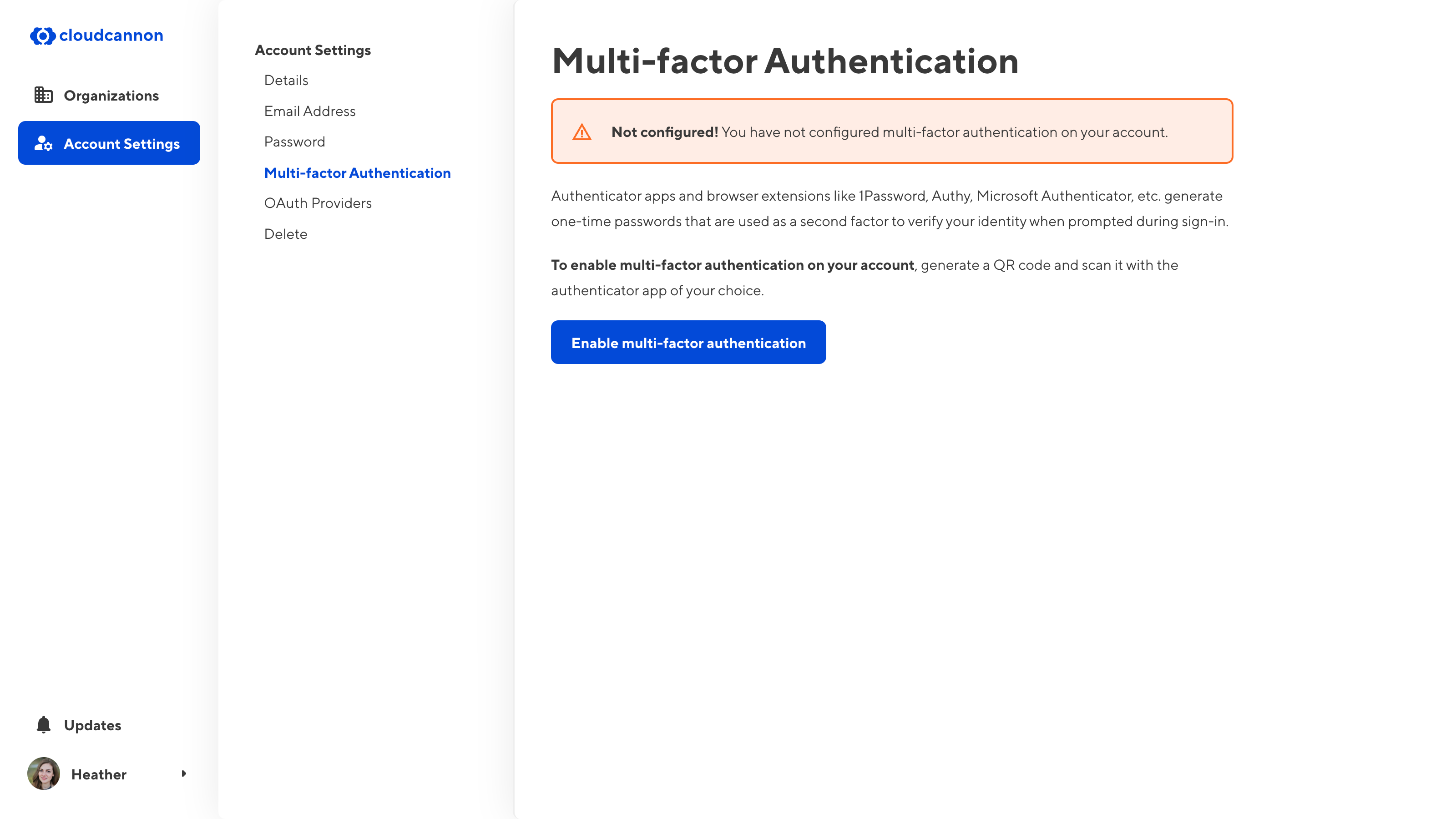 A screenshot of the multi-factor authentication screen, showing the 'Enable multi-factor authentication' button .