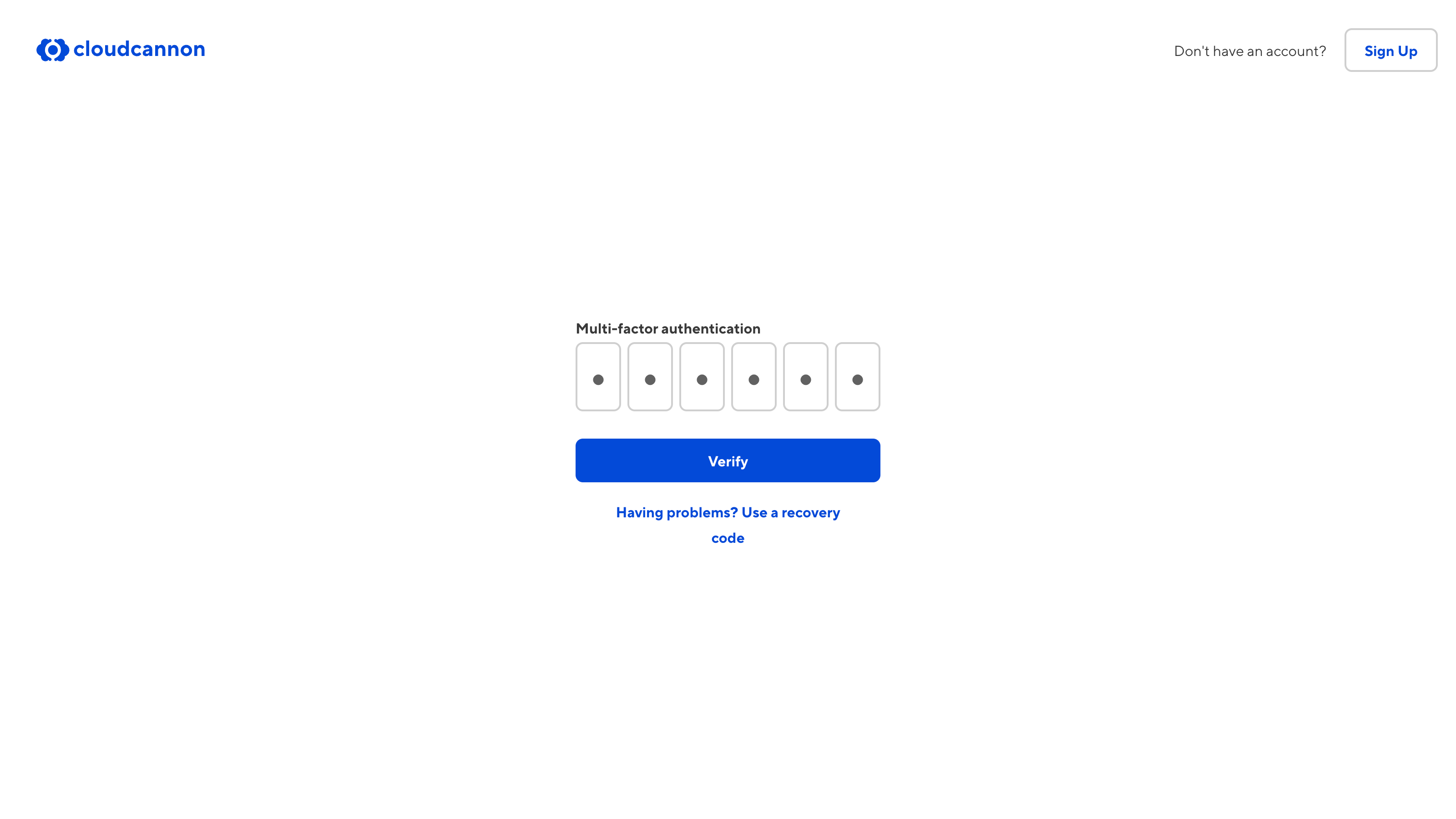 A screenshot of the CloudCannon login screen, showing a prompt to enter your six digit MFA passcode for an authentication app.