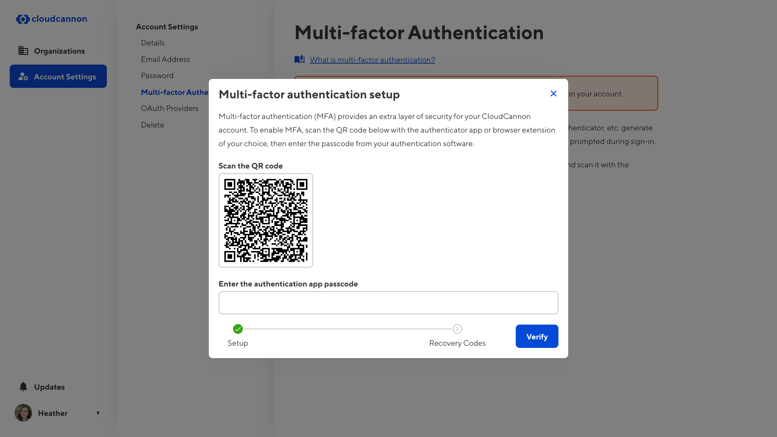 A screenshot of the multi-factor authentication screen, showing the MFA setup modal with a QR code for your third-party authentication app.