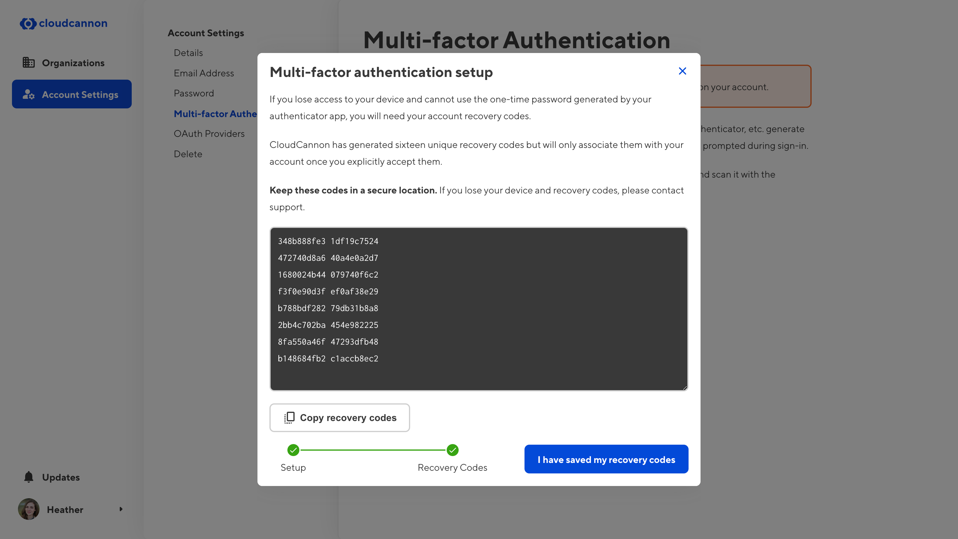 A screenshot of the multi-factor authentication screen, showing the MFA setup modal with a list of recovery codes.