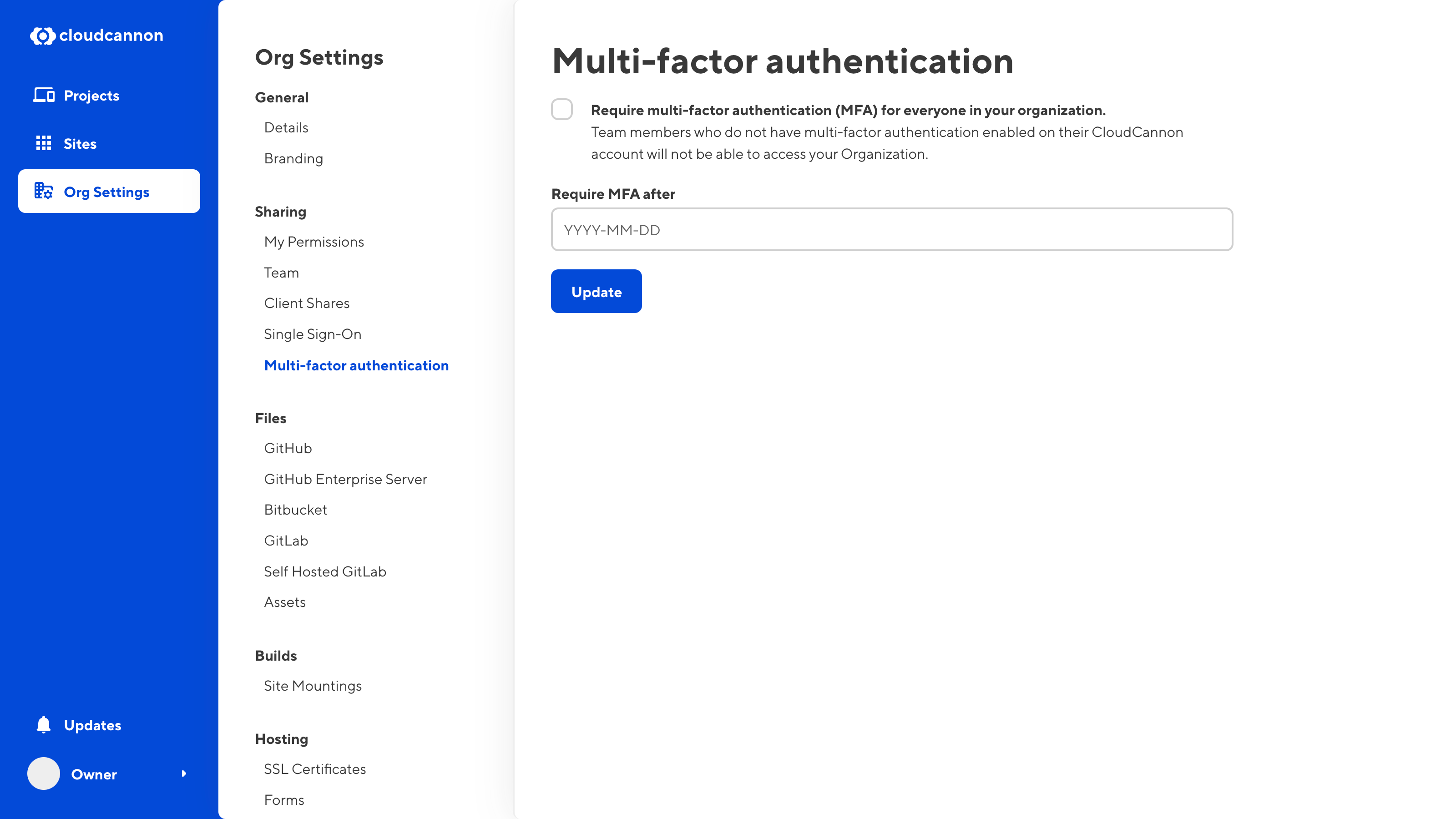 A screenshot of the Multi-factor Authentication page shows a checkbox and date field for enforcing MFA.