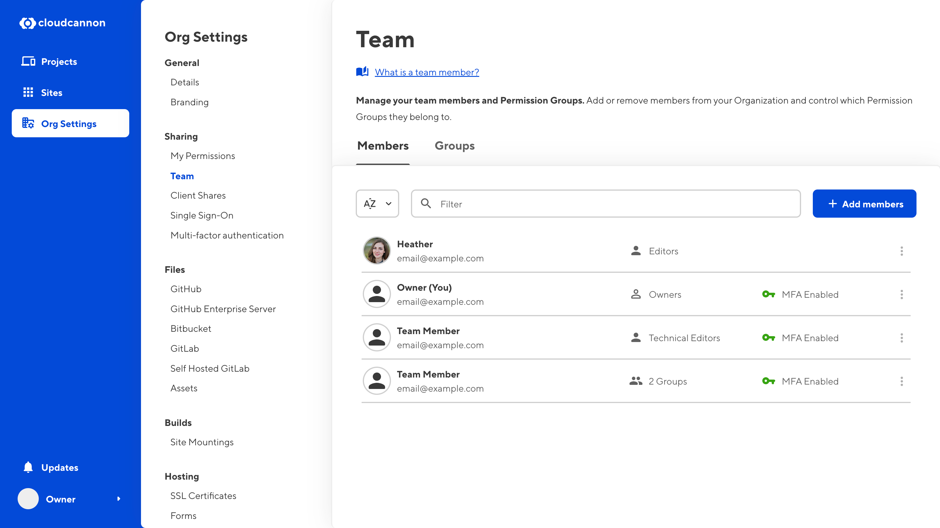 A screenshot of the Team page shows which team members have enabled MFA.