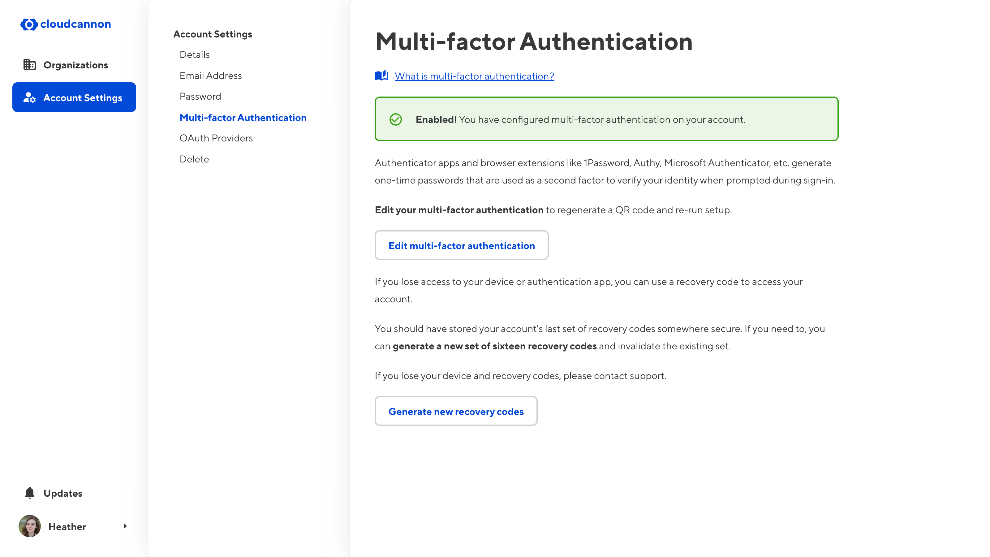 A screenshot of the multi-factor authentication screen, showing the 'Edit multi-factor authentication' and 'Generate new recovery codes' buttons.