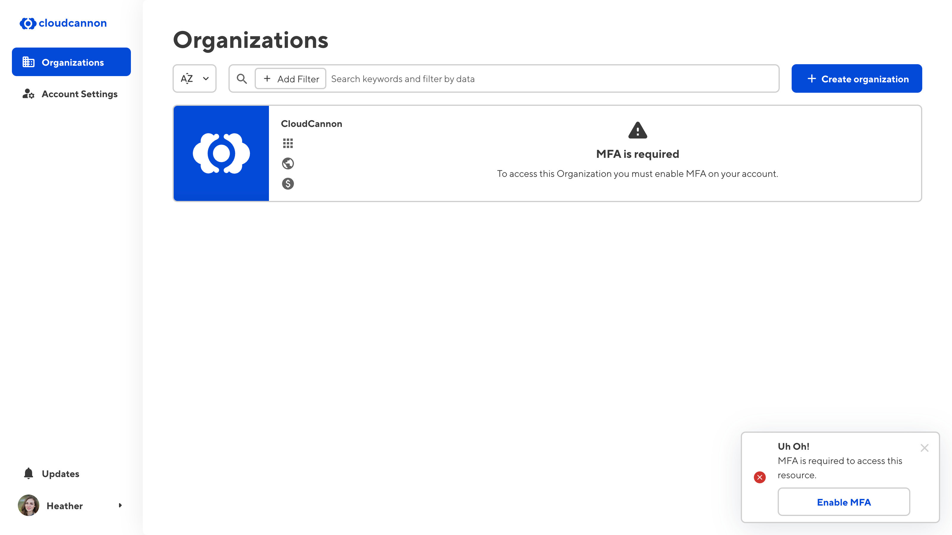 A screenshot of the Organizations page shows that access to an Organization is prevented because MFA is required.