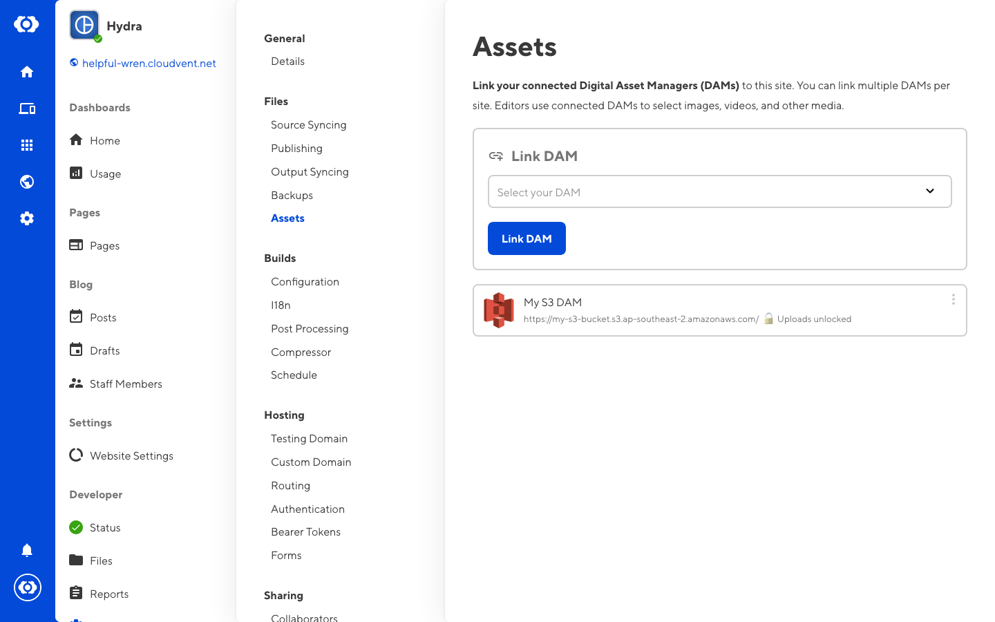 Screenshot of DAMs linked to a site in CloudCannon