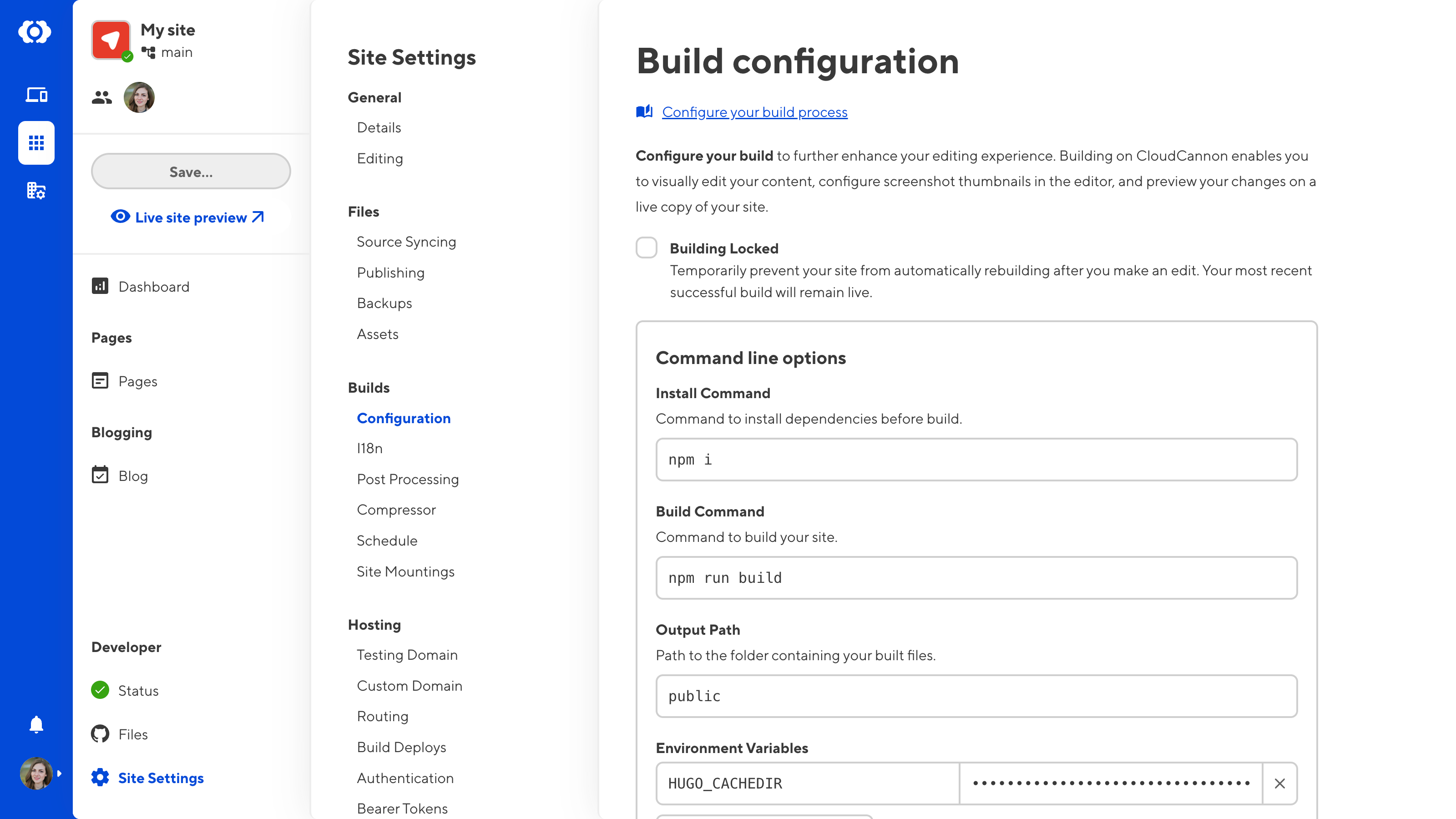 A screenshot of the Build Configurations page shows text fields for configuring your command line options.