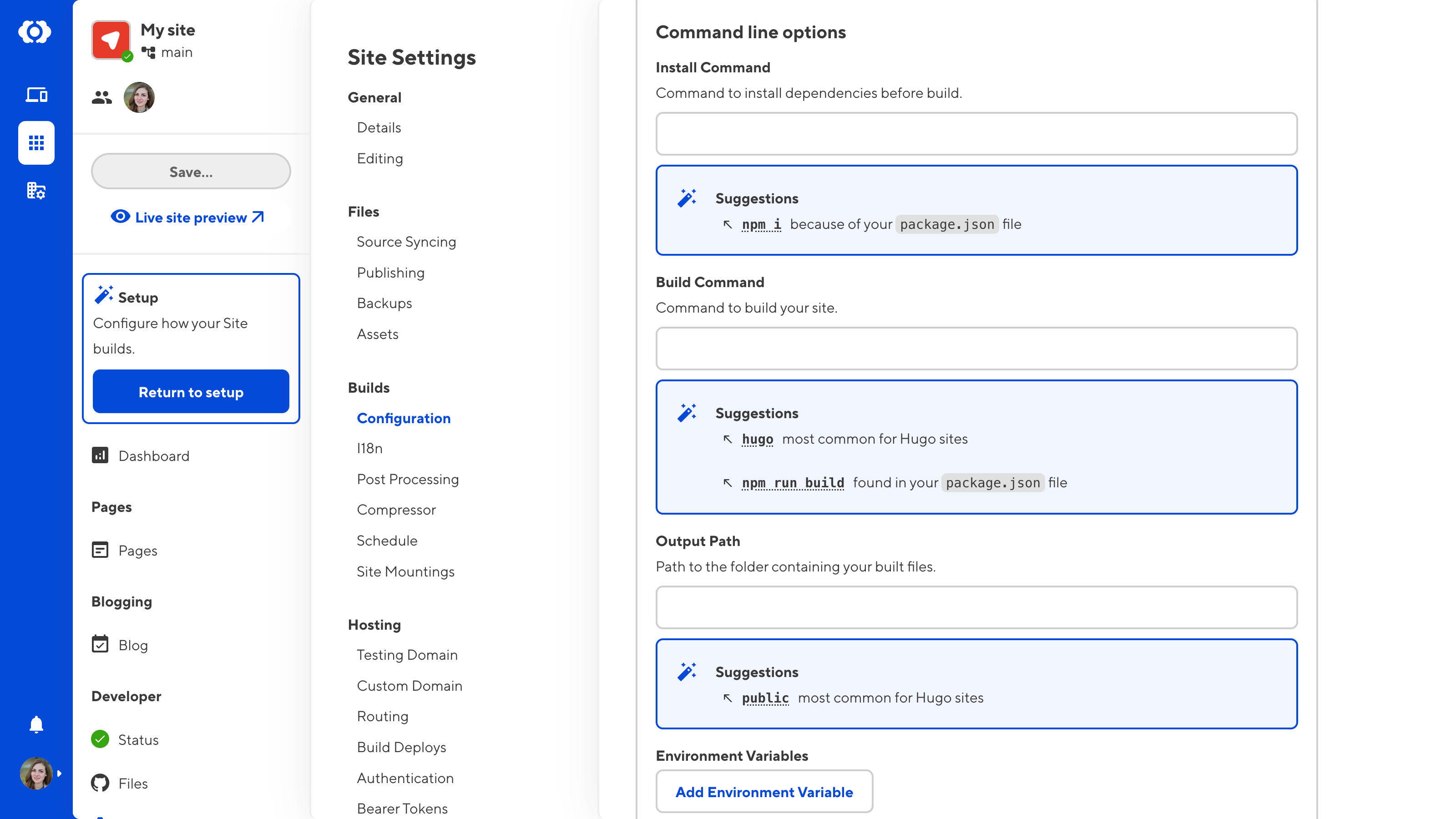 A screenshot of the Build Configuration page shows blue boxes containing CloudCannon's suggestions for your command line options.