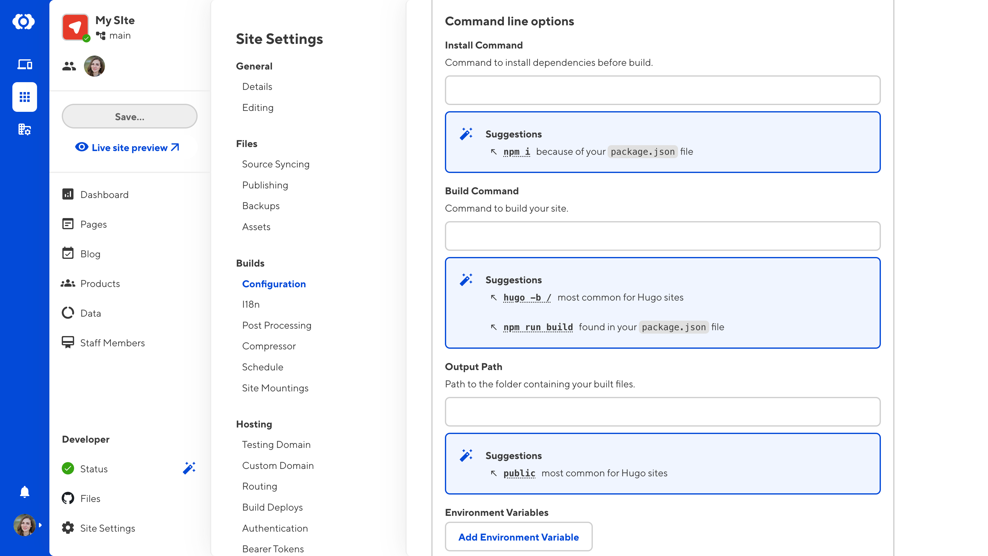 A screenshot of the Build Configuration page shows blue boxes containing CloudCannon's suggestions for your command line options.