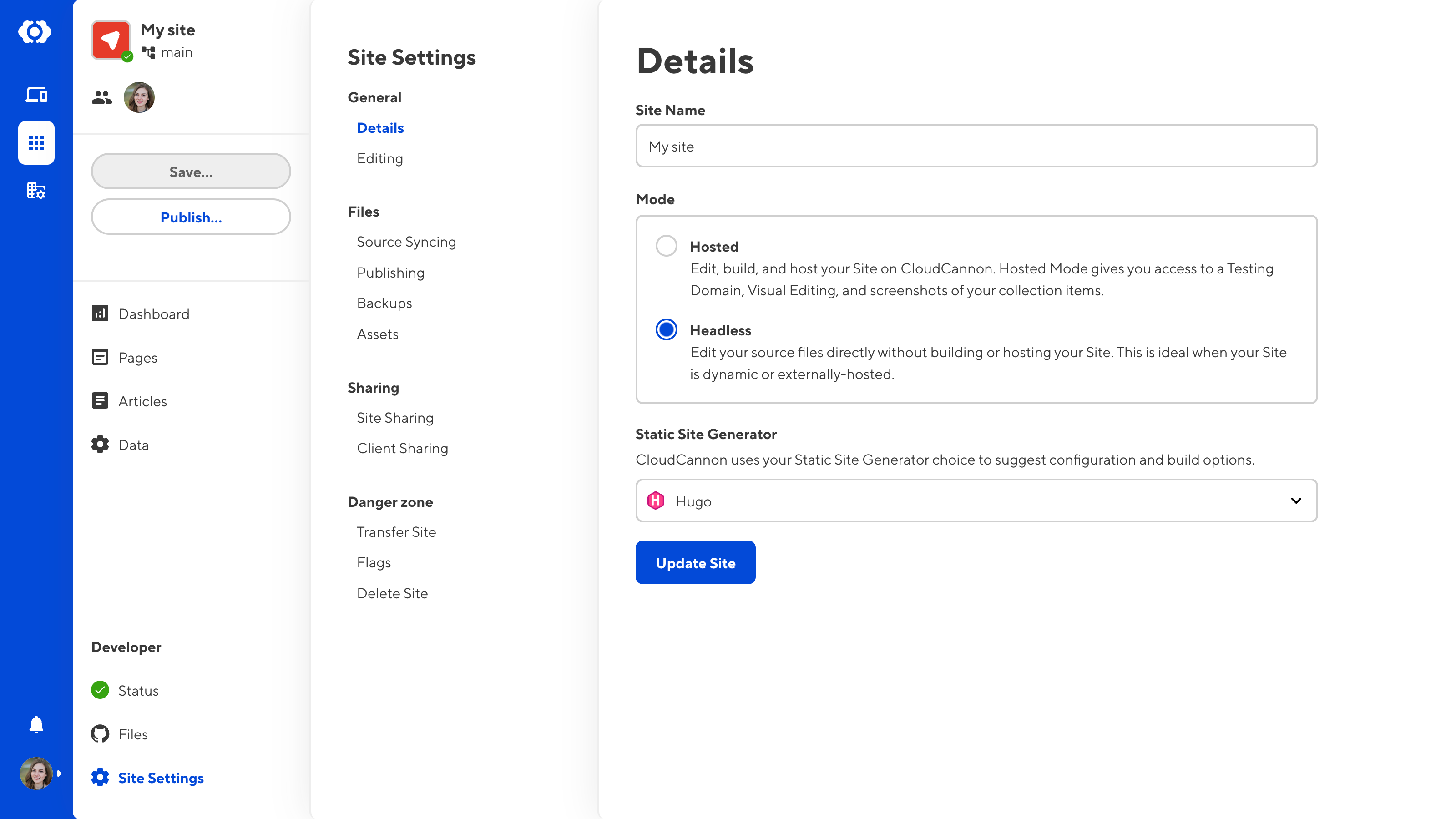 A screenshot of the Details page shows the Mode field with radio buttons for Hosted and Headless.