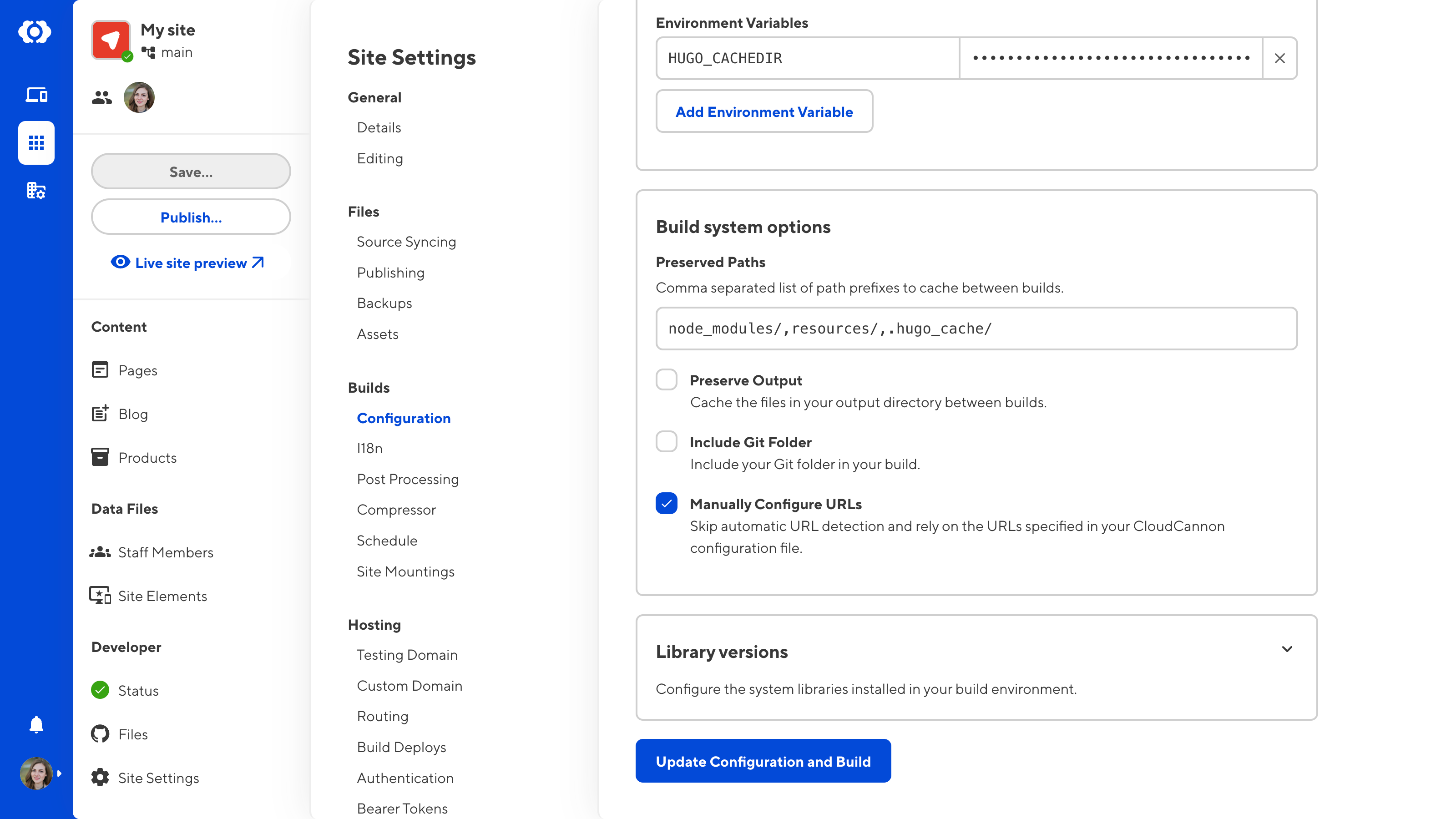 A screenshot of the Build Configuration page shows the checkbox for Manually Configure URLs under the Build system options section.