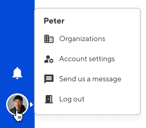 The Account menu shows options for Organizations, Account setting, Support, and Log out.