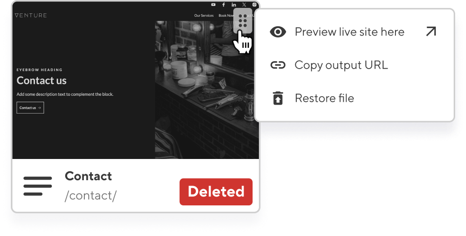 The Context menu on deleted file shows the option to restore that file before saving your site's unsaved changes.