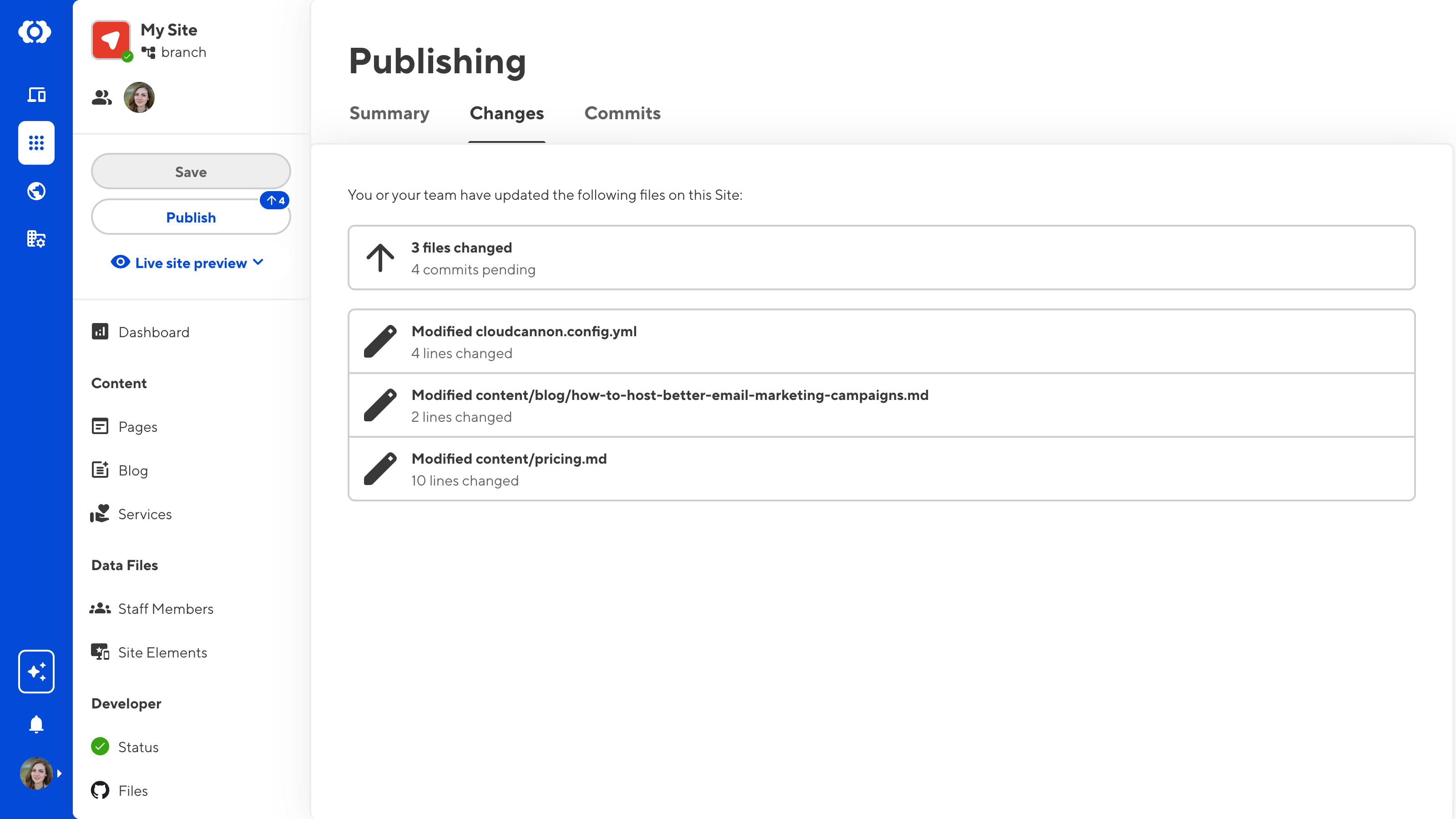 The Publishing page Changes tab A screenshot of the Publishing page Changes tab shows a list of all files with saved changes on your Site.