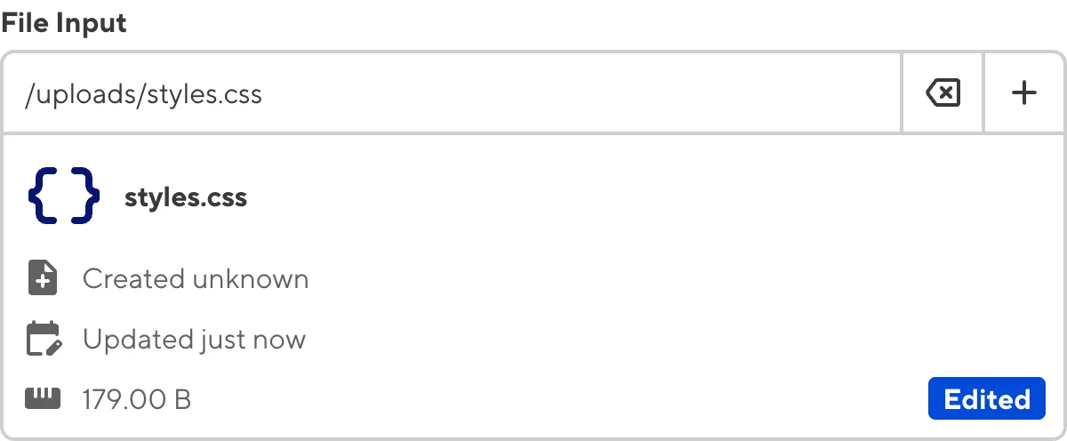 A screenshot of the File Input in the Data Editor shows the preview and metadata for the selected CSS file.