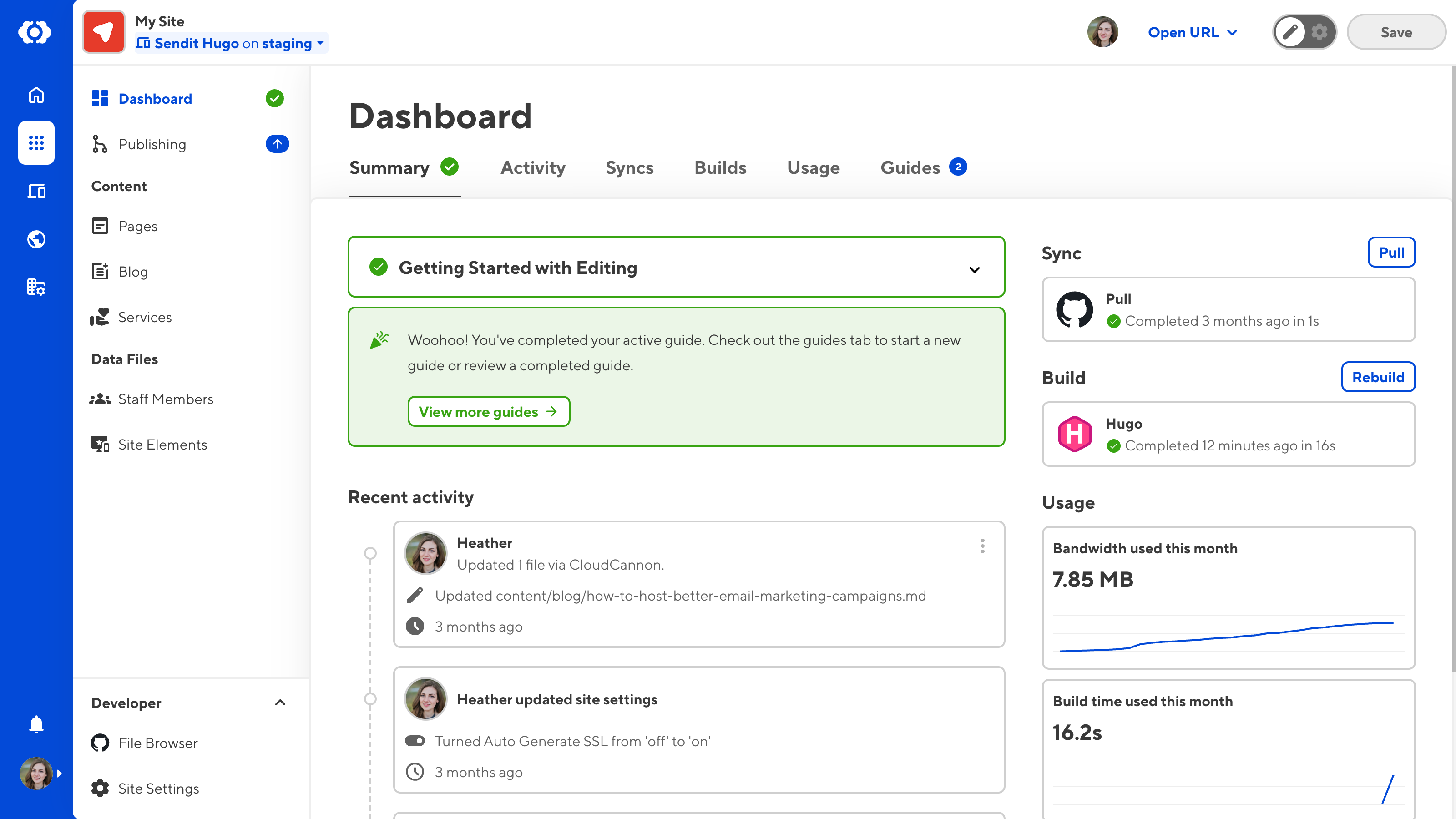 A screenshot of the Site Dashboard Summary tab shows several new tabs, syncing and building information, and a new guide system.