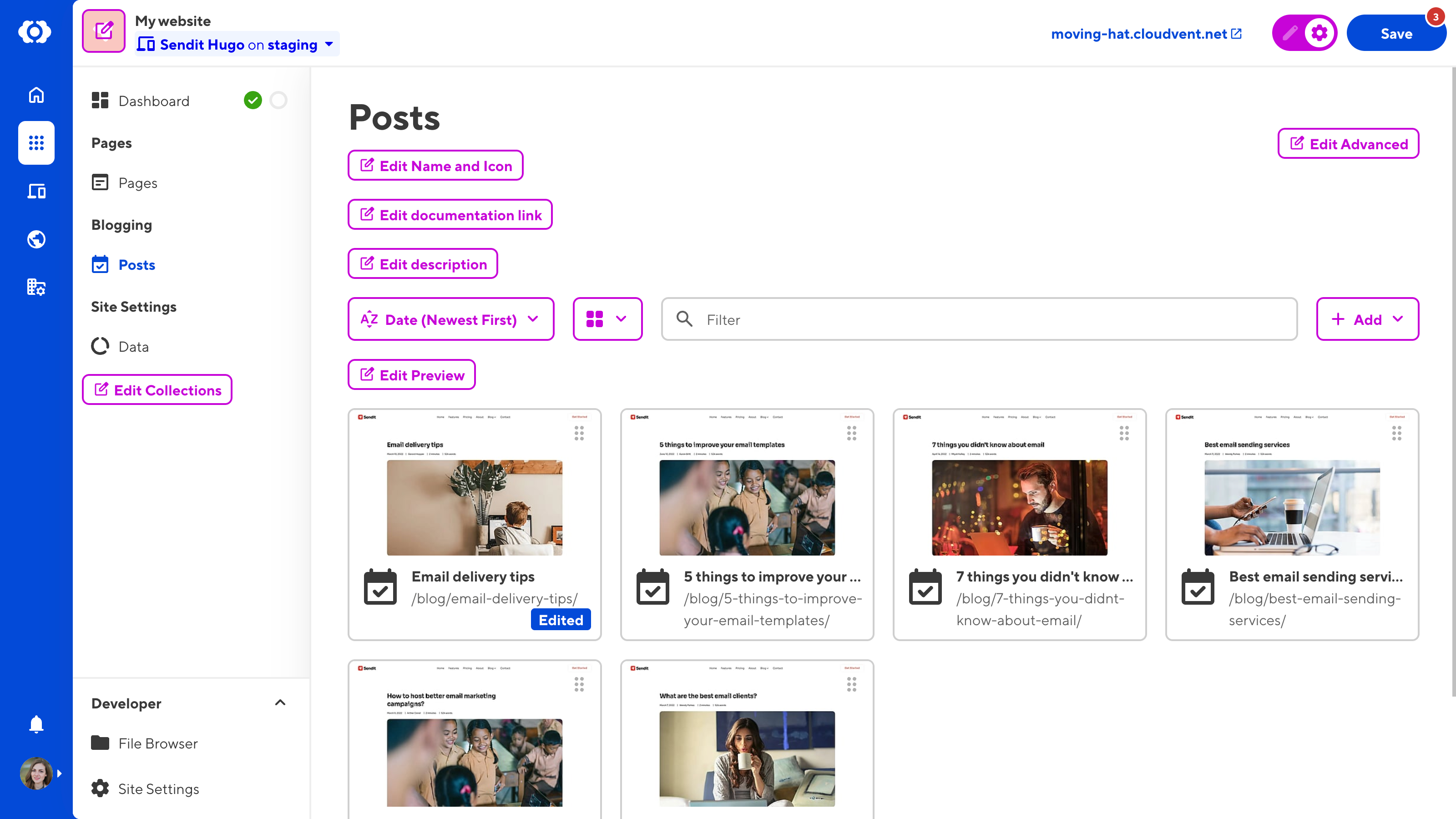 A screenshot of the Collection Browser shows several purple Edit Configuration buttons for updating your CloudCannon Configuration File.
