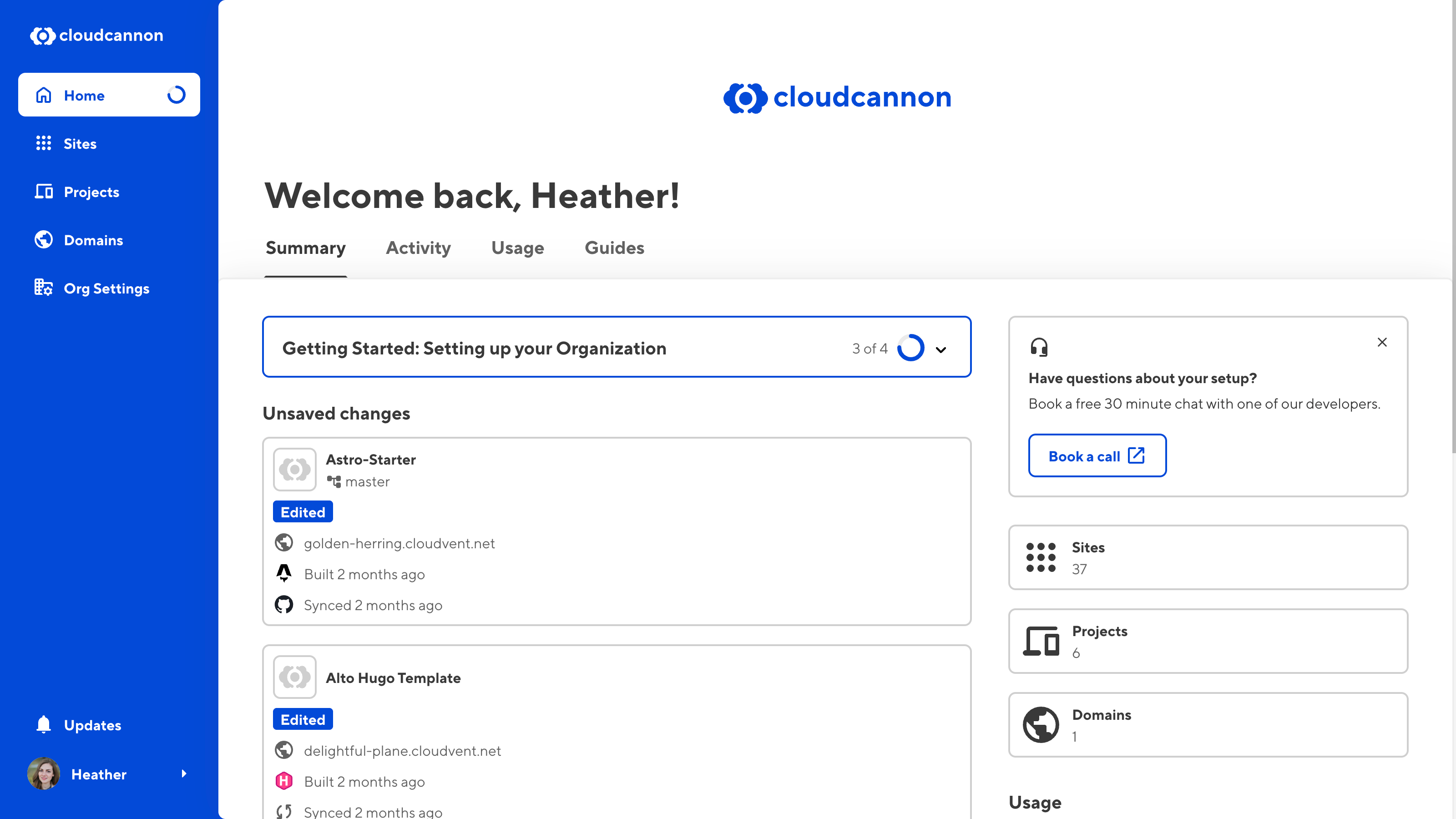 A screenshot of the Organization Home page shows the Summary, Activity, Usage, and Guides tabs.