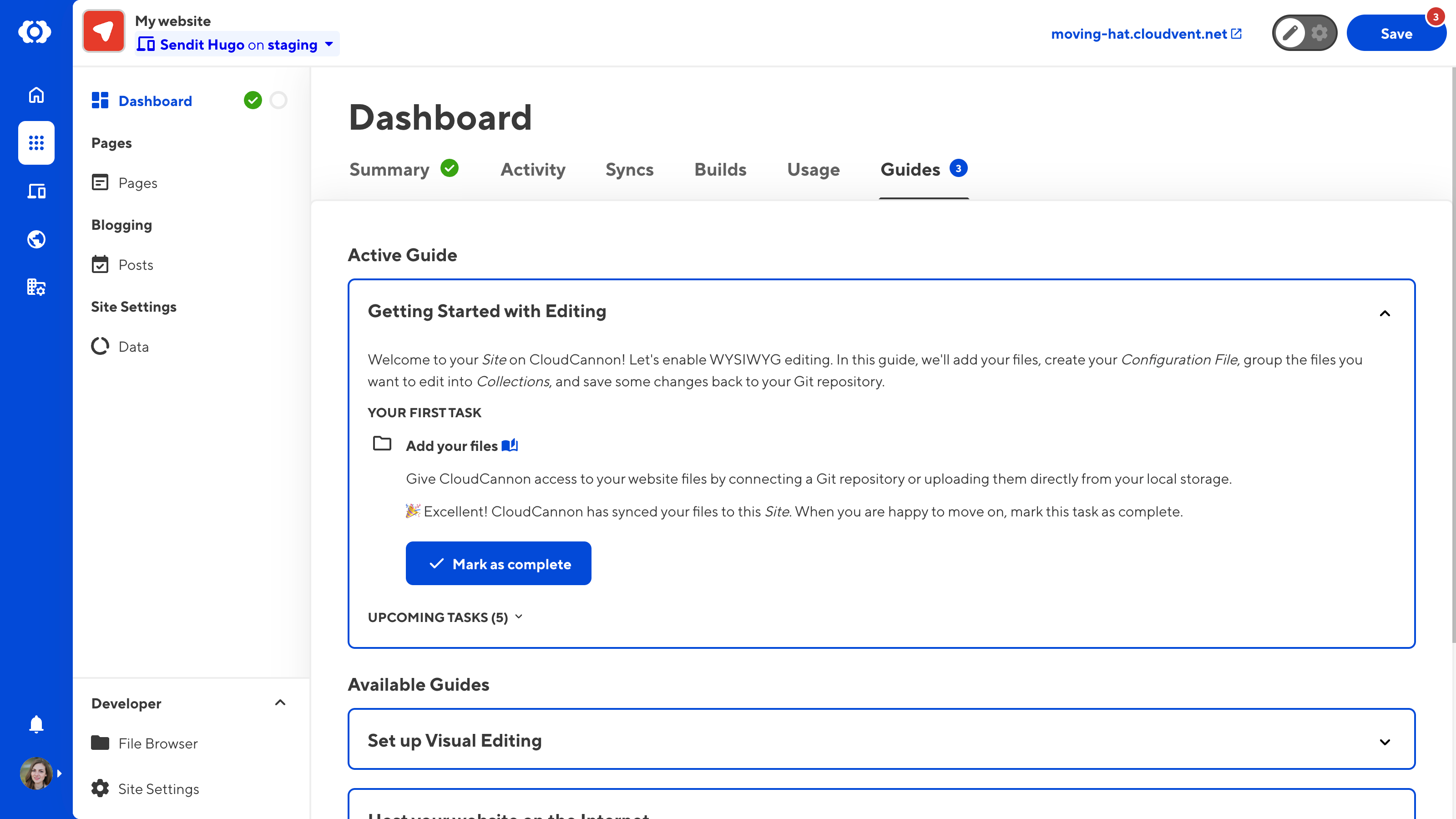 A screenshot of the Dashboard Guides tab shows one active guide and two available guides, each with steps to complete.