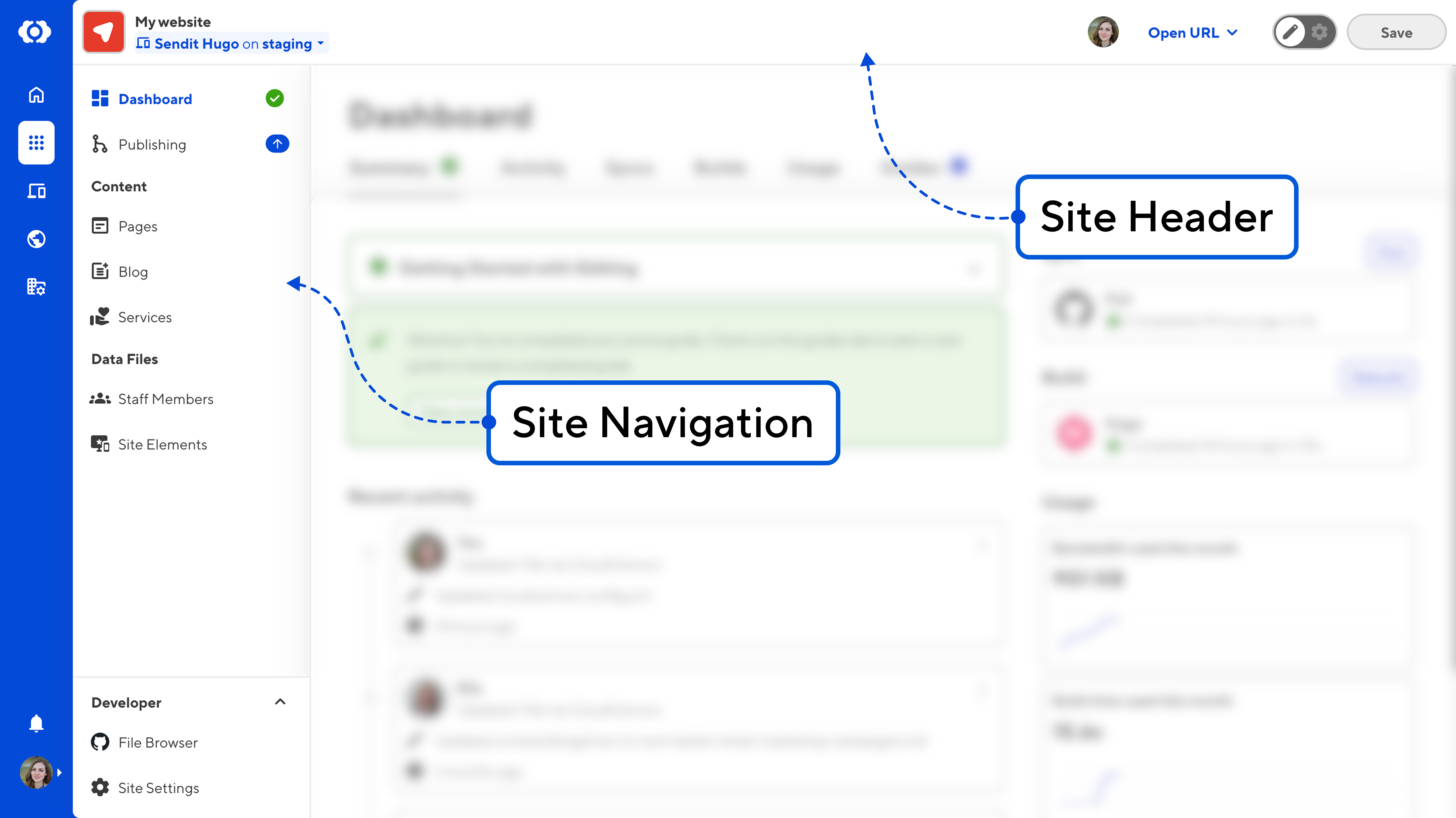 An illustration of the CloudCannon Dashboard has two arrows showing the new Site Navigation and Site Header UI elements.