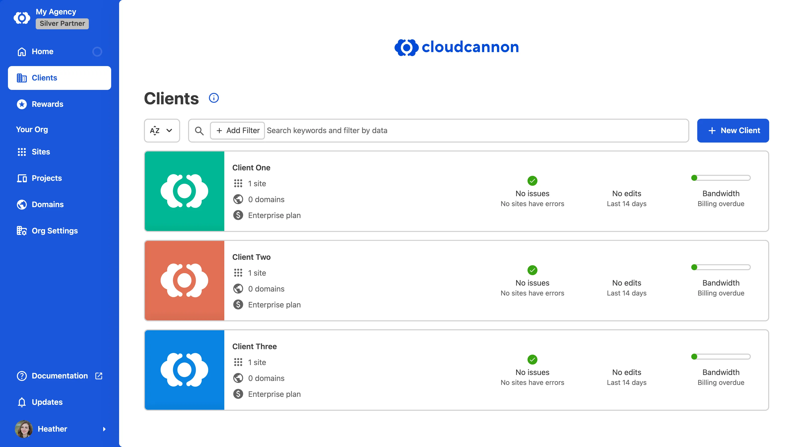 The Client Organization Browser A screenshot of the Client Organization Browser shows three clients and tools for sorting, filtering, and creating Client Organizations.