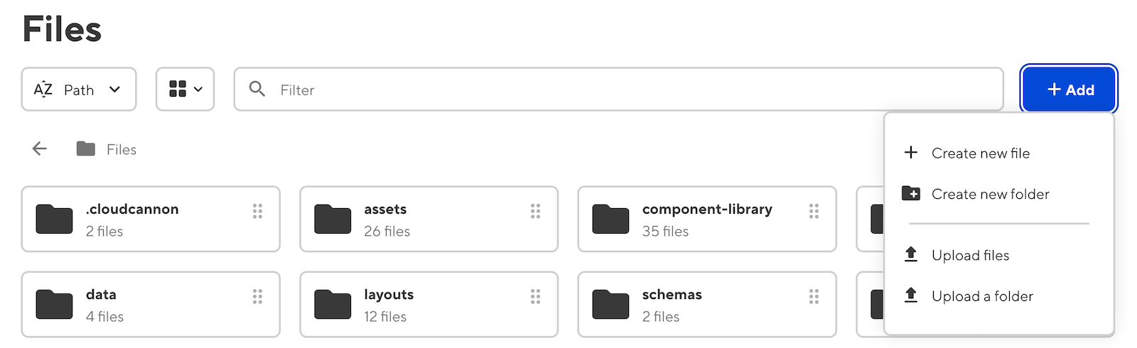 A closeup of the File Browser shows the options to 'Upload files' and 'Upload a folder' in the Add dropdown.