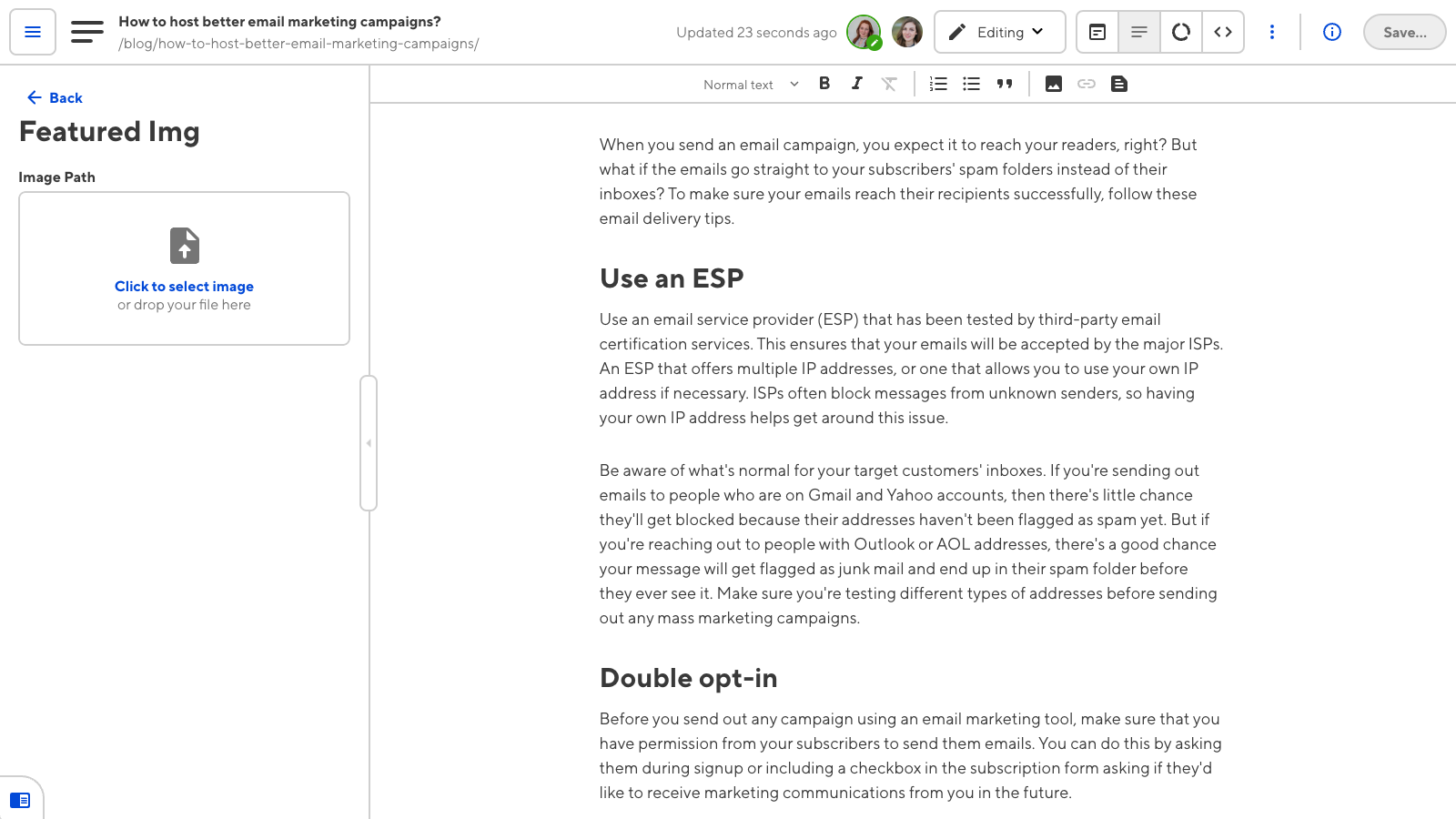 The Content Editor in the CloudCannon app shows a file input in the sidebar with the option to 'Click to select image'.