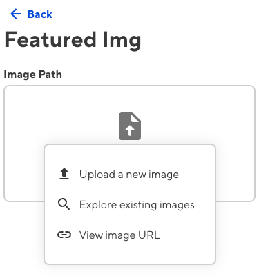 A closeup of the file input in the sidebar shows the options to 'Upload a new image' and 'Explore existing images' in the input dropdown.