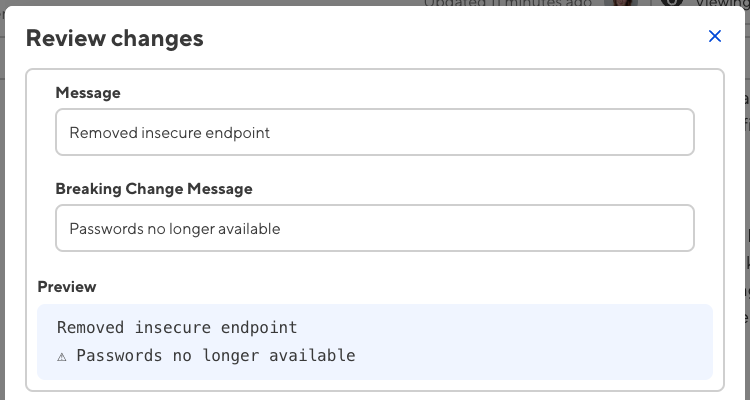 The Review Changes modal shows two fields for Message and Breaking Changes Message.