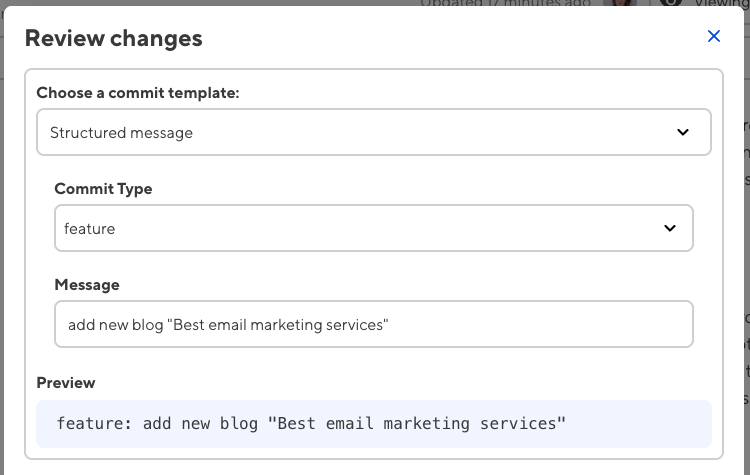 The Review changes modal shows a commit message with a select and a text input.