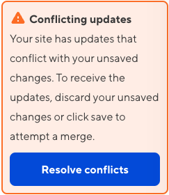 The Site navigation shows a warning about Conflicting updates and a button to Resolve conflicts.