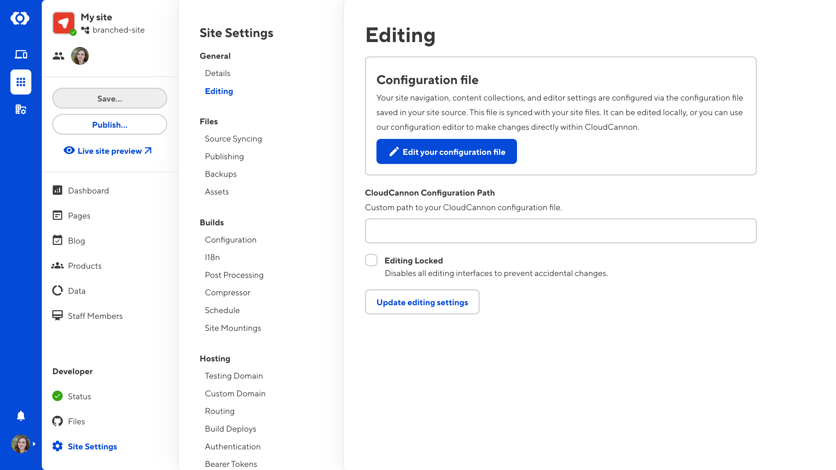 A screenshot of the Editing page in Site Settings shows the Edit your configuration file button.