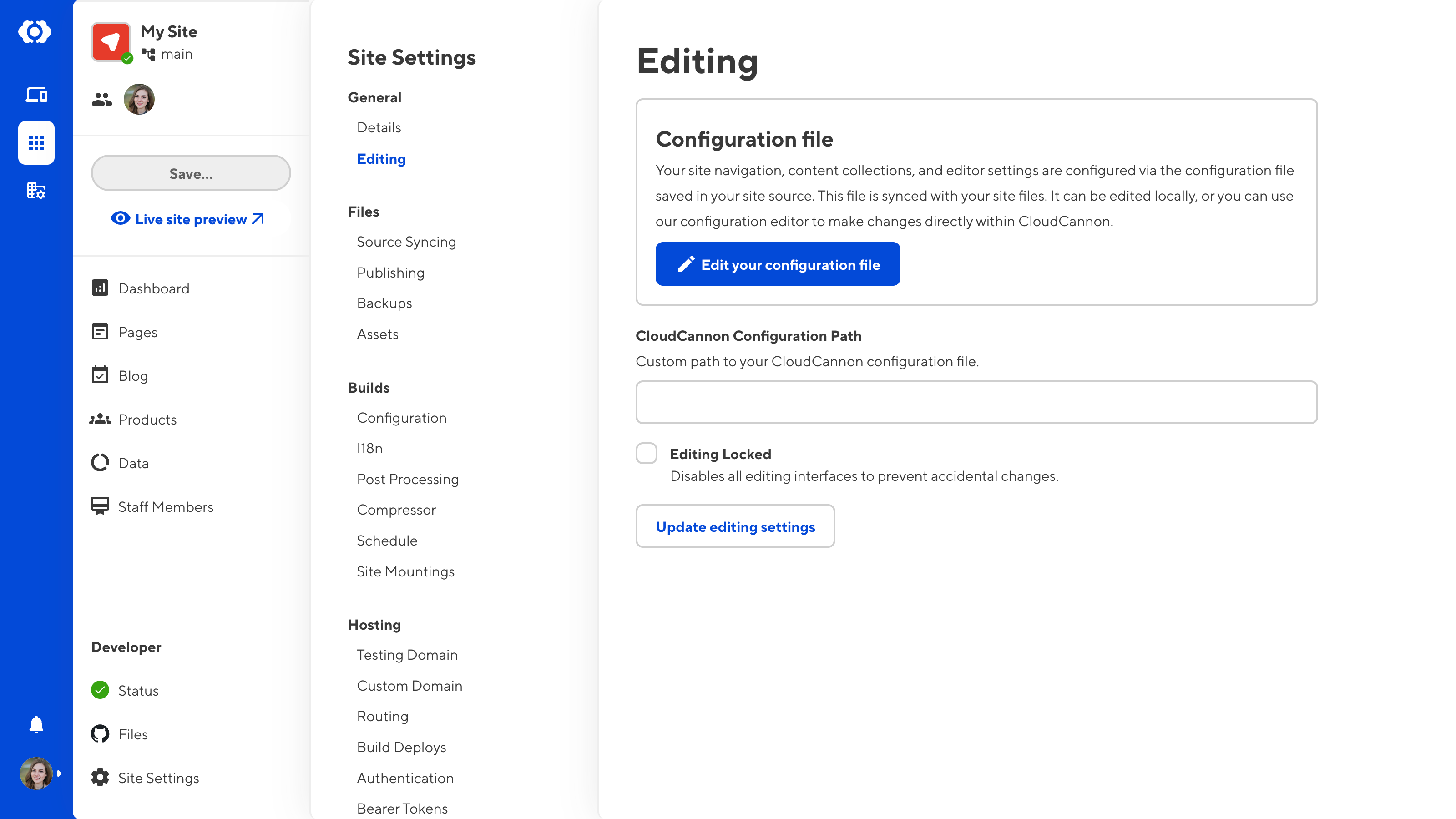 A screenshot of the Editing page in Site Settings shows the Edit your configuration file button.