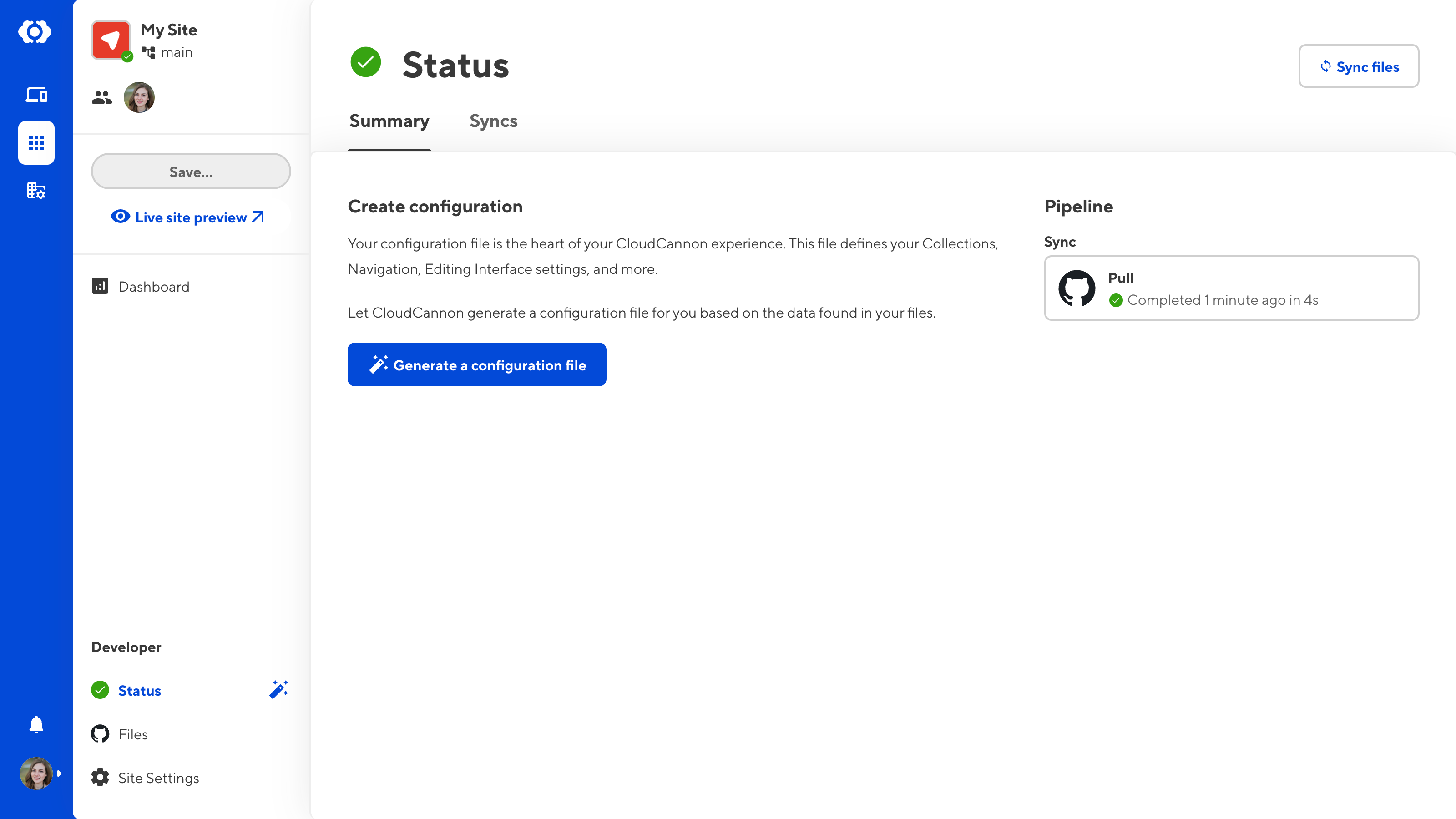 A screenshot of the Status page shows a button to Generate a configuration file.