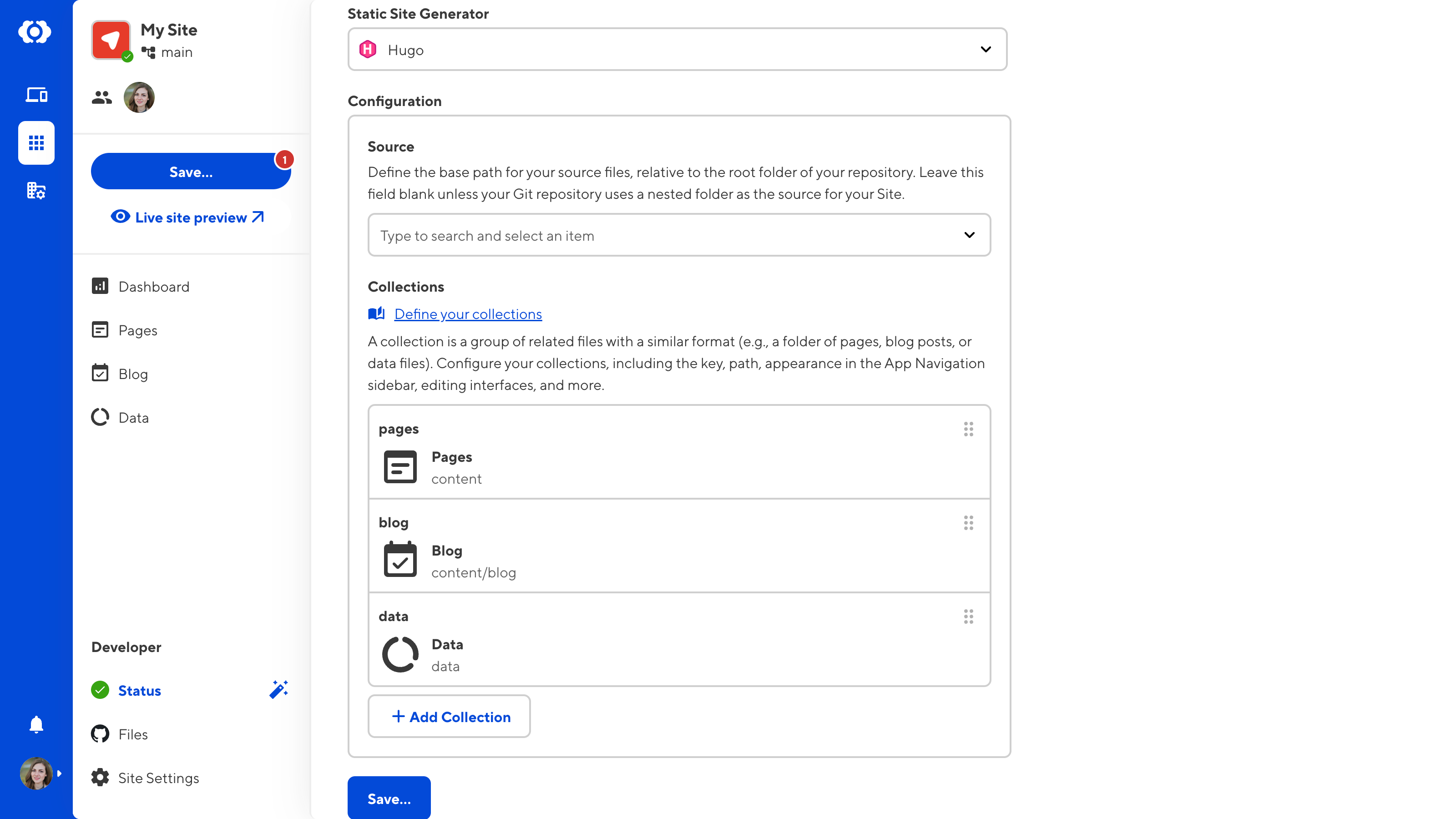 A screenshot of the Status pages shows CloudCannon's suggestions for your SSG and collections configuration.