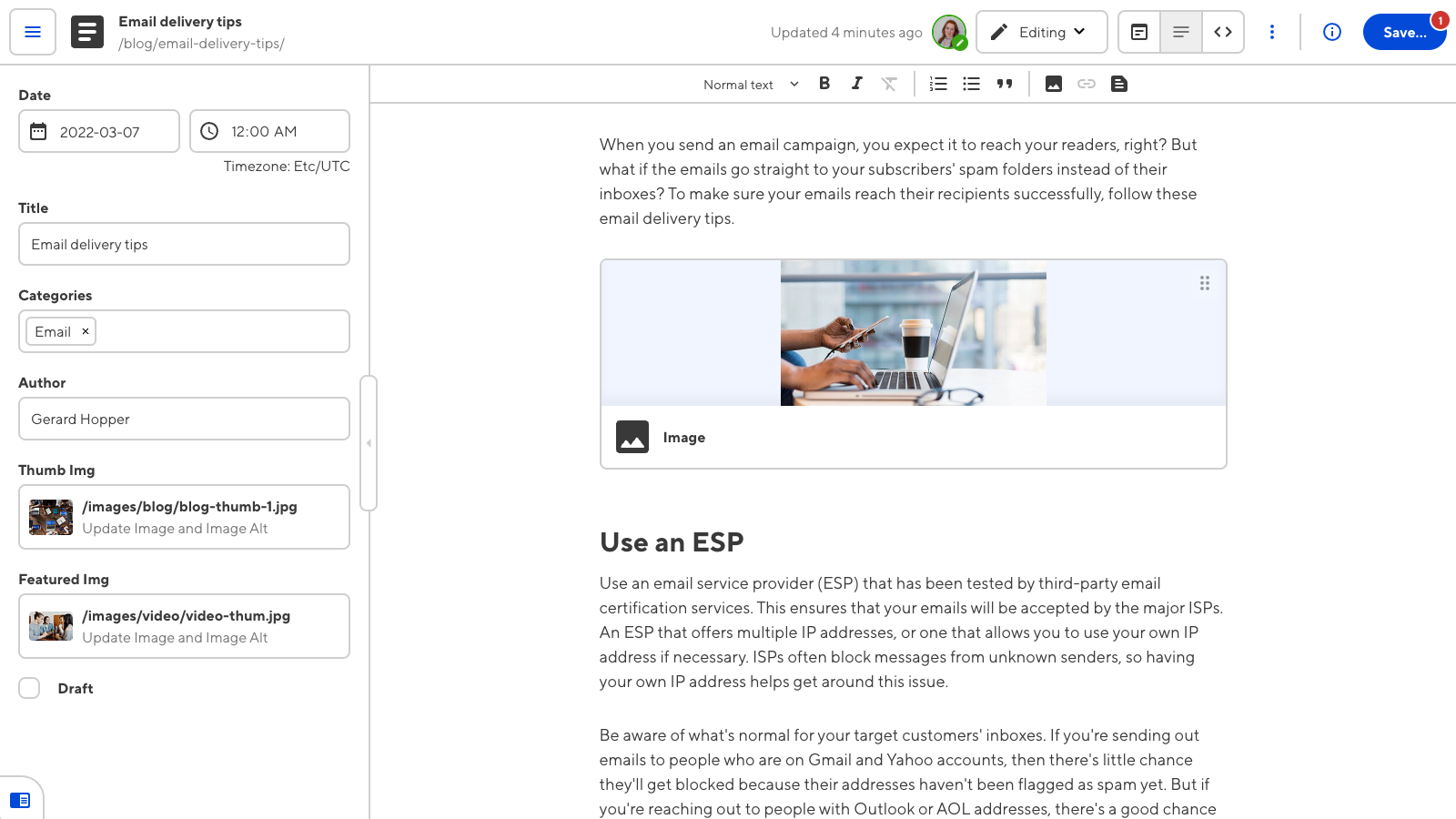 A screenshot of the Content Editor, with the sidebar showing the front matter fields of a blog file.