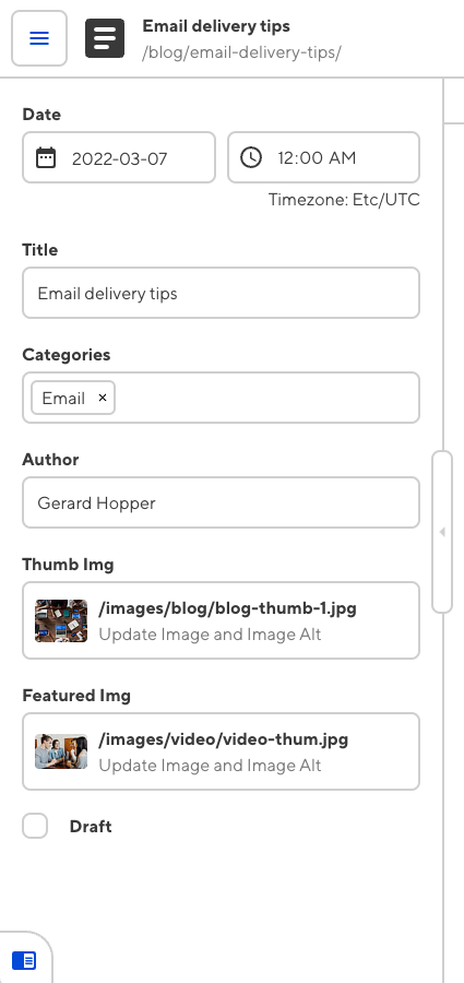 A closeup of the Content Editor sidebar, showing the front matter fields of a blog file.