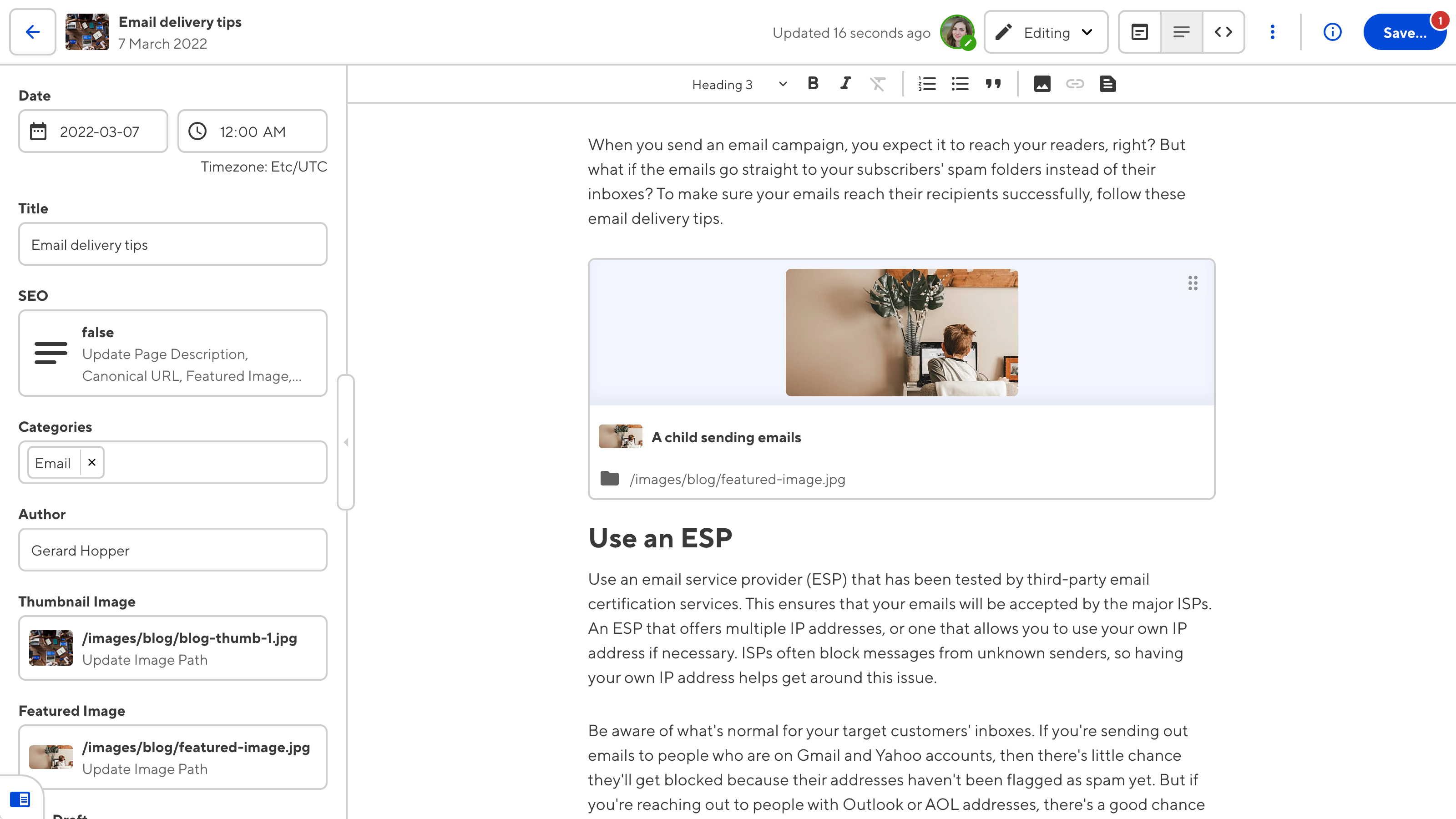 A screenshot of the Content Editor shows a WYSIWYG editor for the copy of a blog post and a sidebar for editing front matter content.