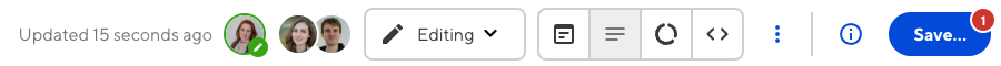 A closeup of the Editing interface navigation, including save button, avatars, editing dropdown, and update status.